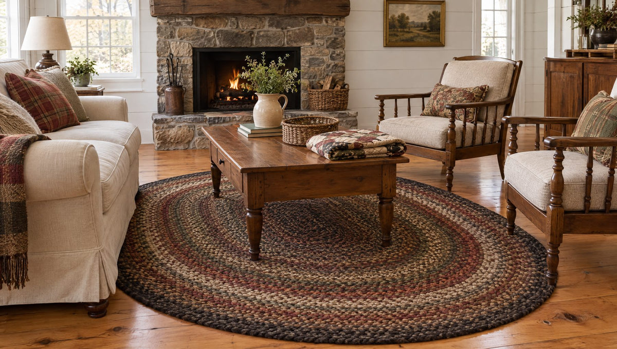Farmhouse living room with a large multicolor oval braided rug in front of a stone fireplace