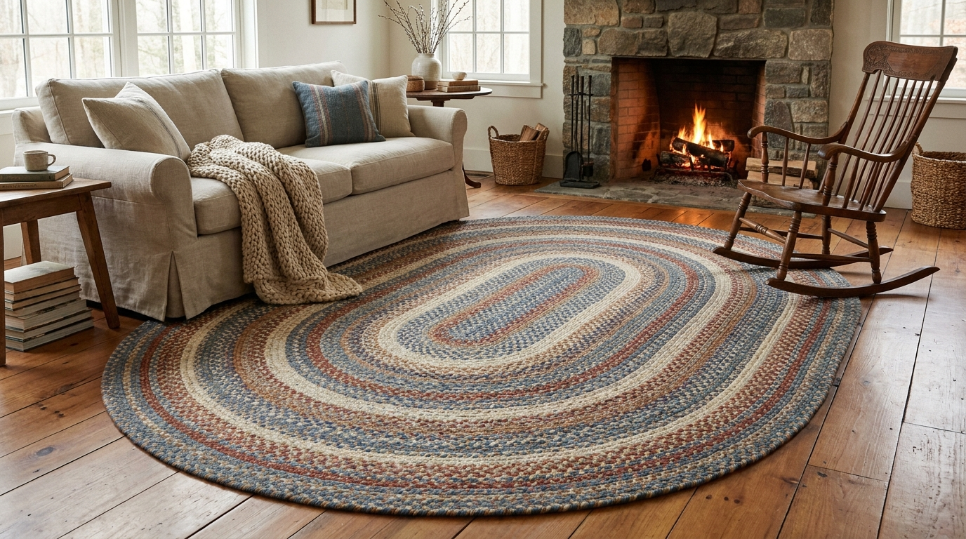 Oval wool braided rug in warm earth tones anchoring a cozy farmhouse living room with a slipcovered sofa, rocking chair, and stone fireplace