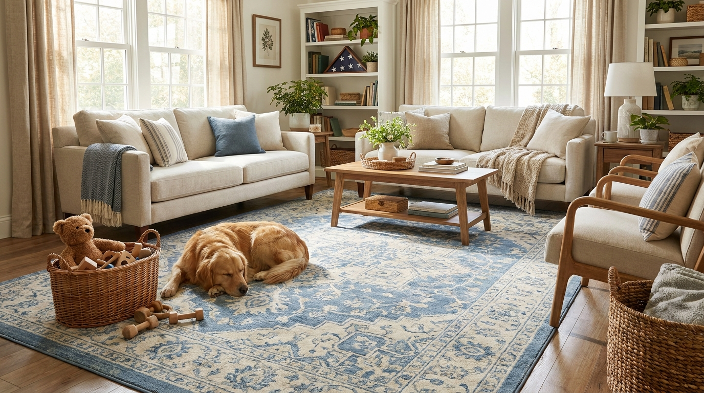 Machine washable area rug made in the USA in a bright family living room with a golden retriever resting on it