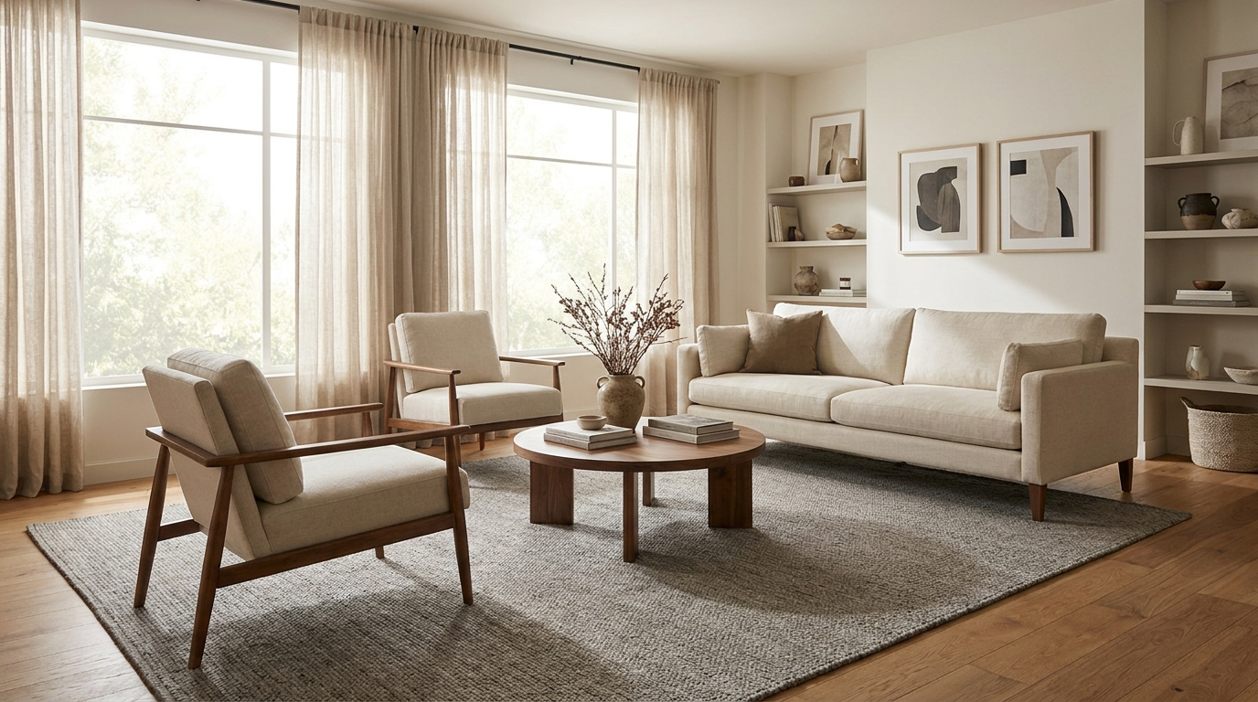 Modern living room with a large gray area rug anchoring a sofa and two armchairs