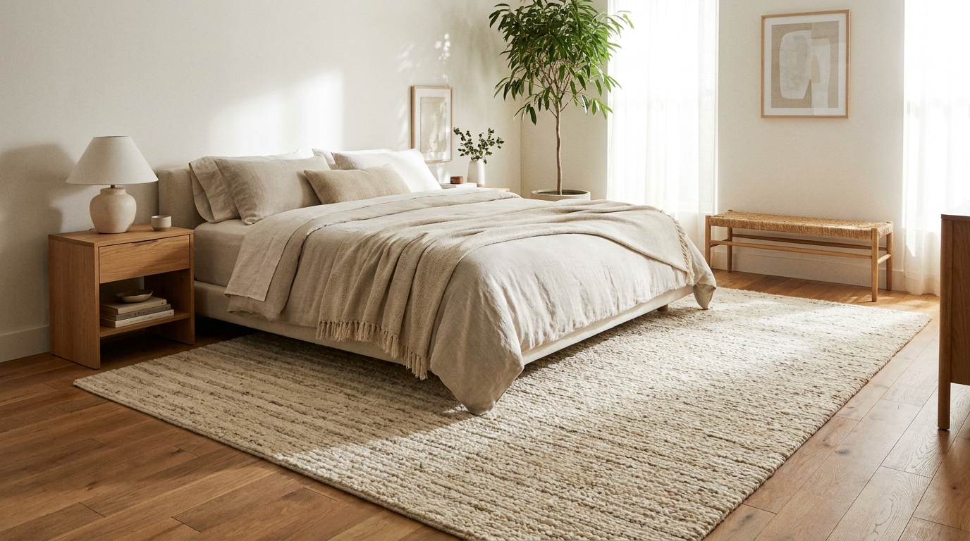 Modern bedroom with a large soft area rug placed beneath and extending past a platform bed