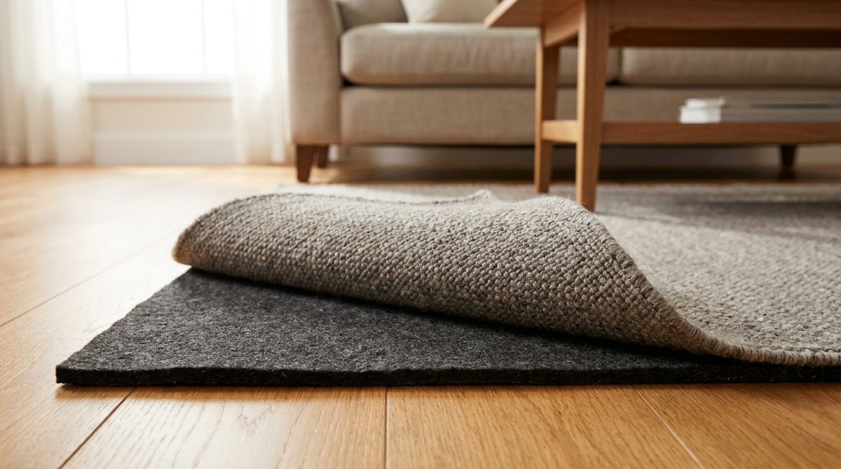 Corner of a gray area rug folded back to reveal a felt and rubber rug pad underneath on oak hardwood flooring