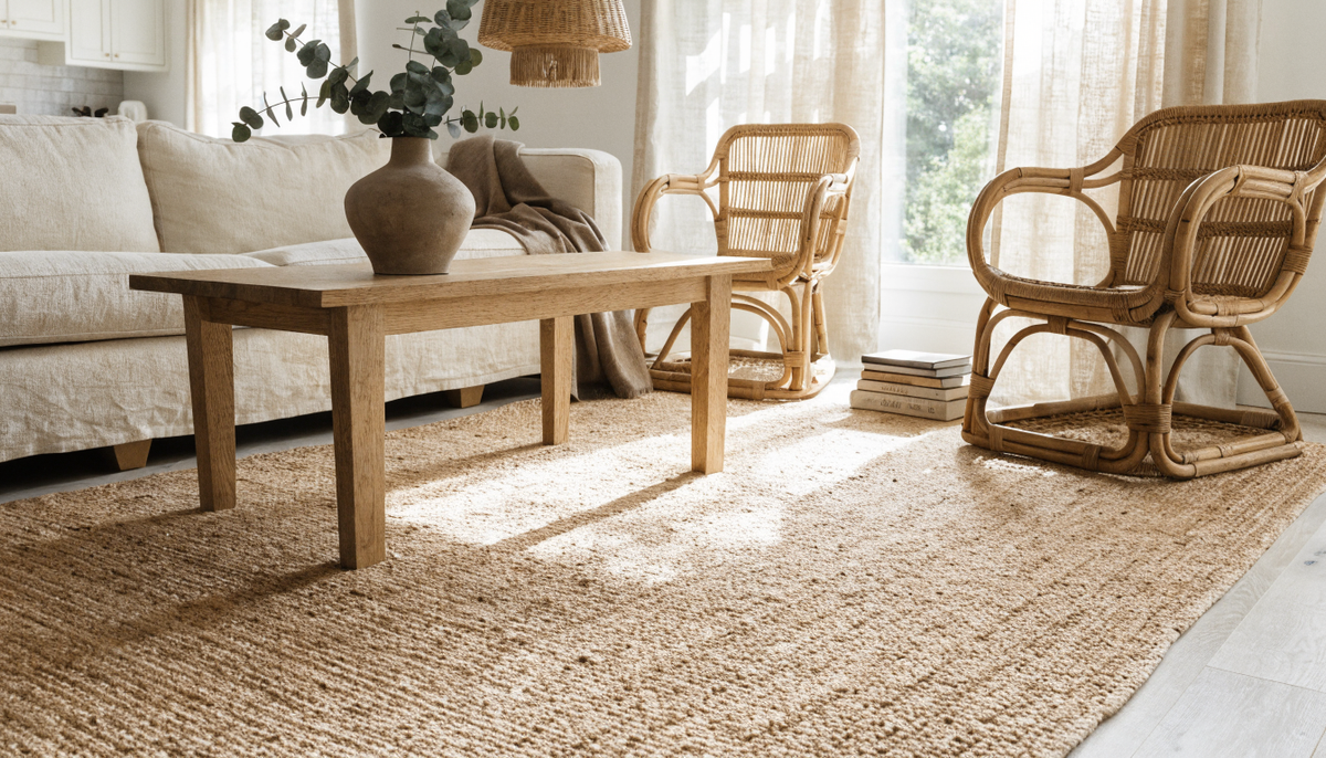 Large natural jute area rug with chunky basketweave texture anchoring a bright coastal farmhouse living room with a cream linen sofa and rattan chairs