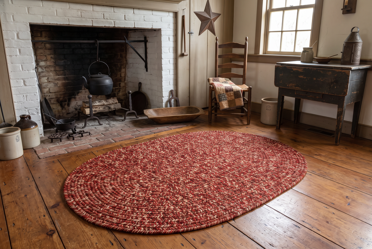 Primitive keeping room with a red oval braided rug in front of a whitewashed brick hearth, rush-seat ladder-back chair and stoneware crocks