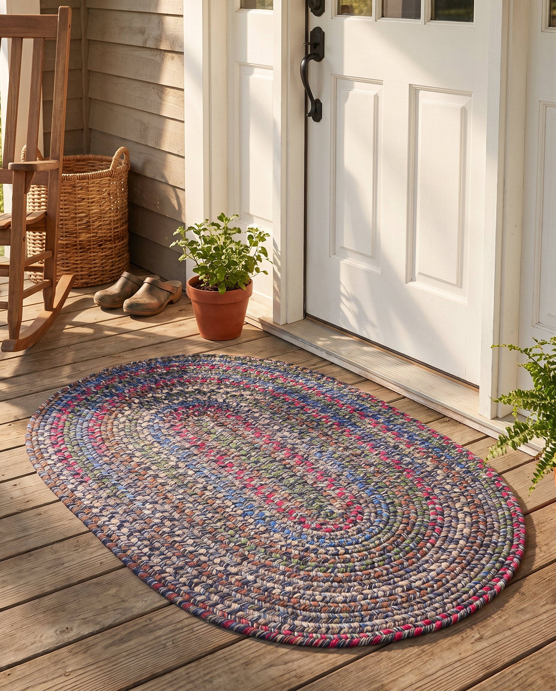 Blue Portsmouth braided indoor/outdoor rug styled on a sunlit farmhouse front porch entryway