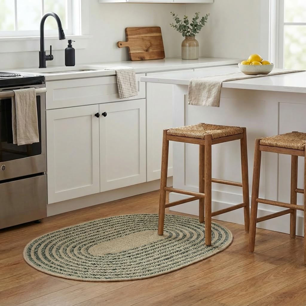 Raleigh Green Cotton Braided Rug 20" X 30" #shape_Oval