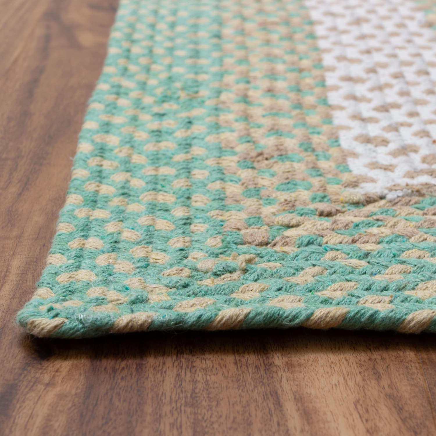 Green, Cream Braided Rug - Soft Cotton Bordered Area Rug for Rustic Farmhouses