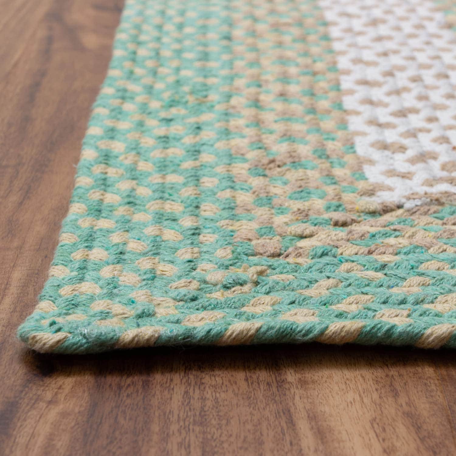 Green, Cream Braided Rug - Soft Cotton Bordered Area Rug for Rustic Farmhouses