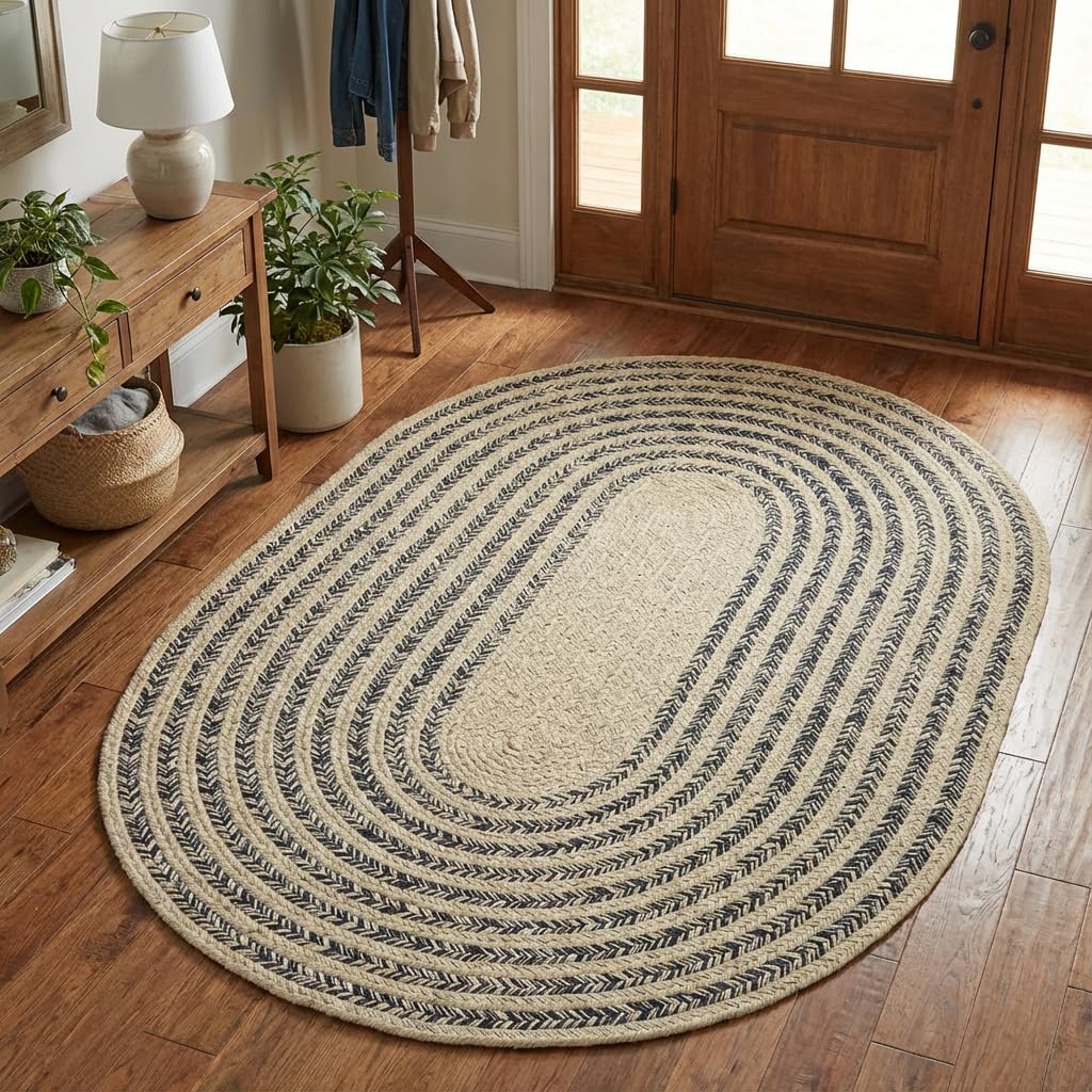 Raleigh Navy Cotton Braided Rug 4' x 6' #shape_Oval