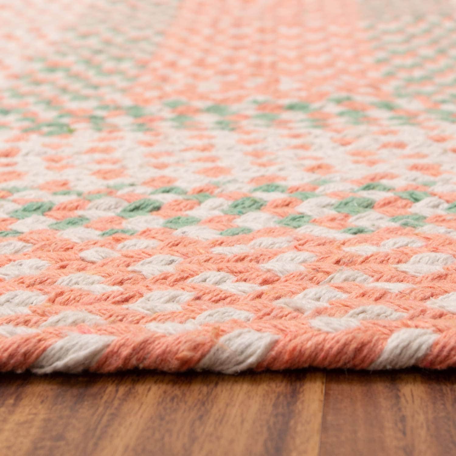 Coral, Green Braided Rug - Soft Cotton Bordered Area Rug for Kids Rooms & Nursery