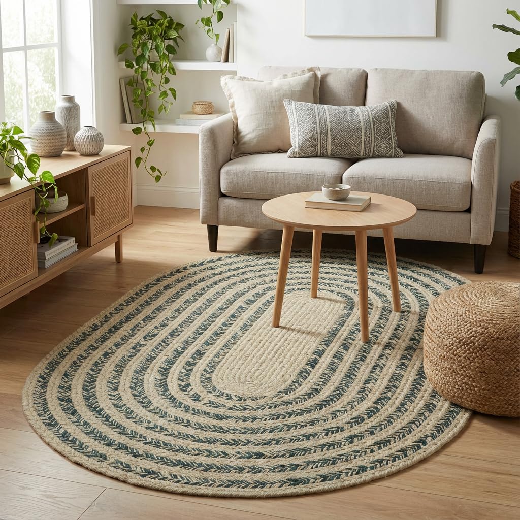 Raleigh Green Cotton Braided Rug 4' x 6' #shape_Oval