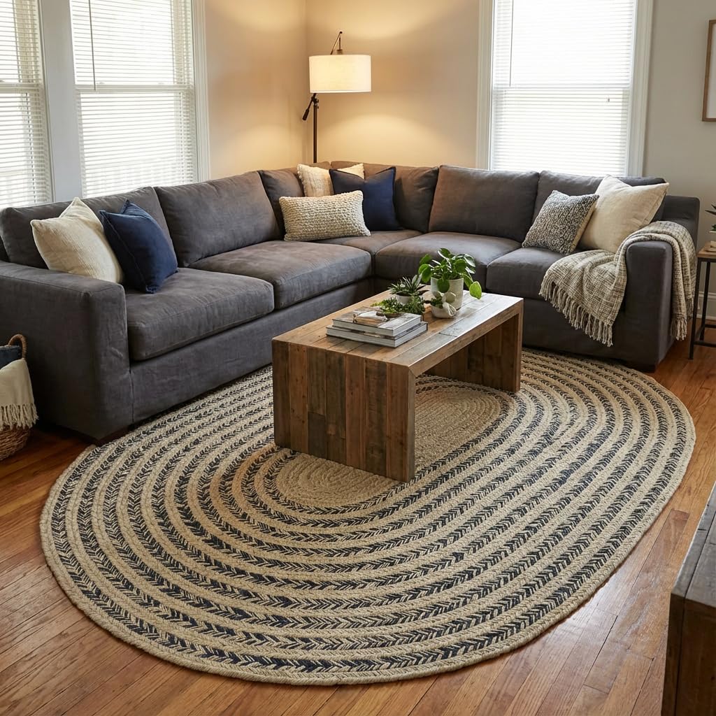 Raleigh Navy Cotton Braided Rug 6' x 9' #shape_Oval
