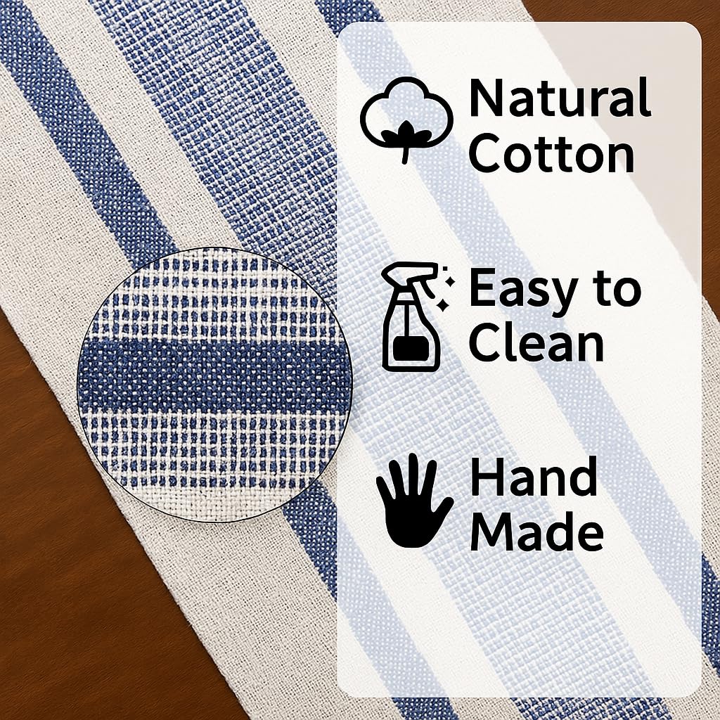 Ivory, Blue Table Runner Cotton Farmhouse Inspired
