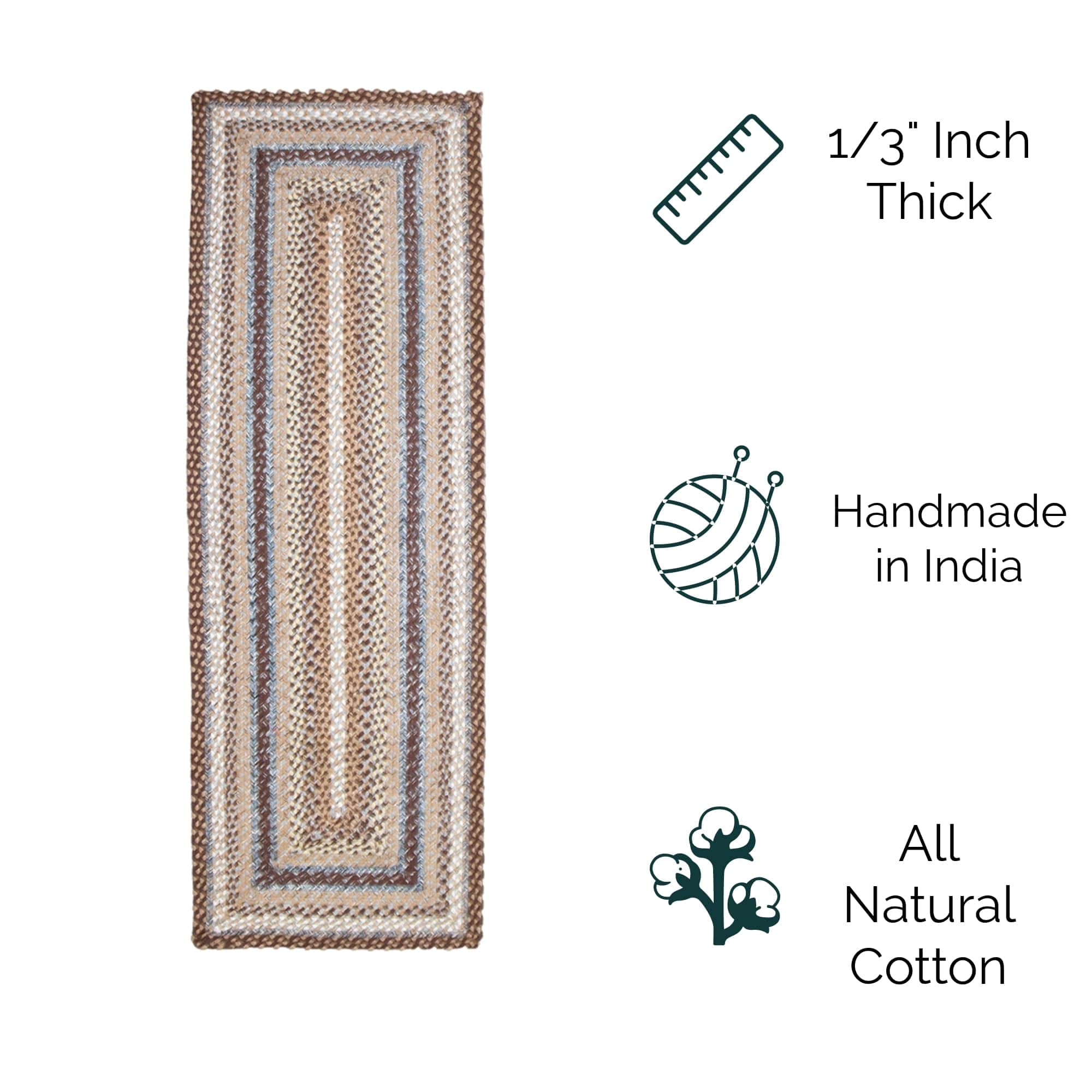 Brown, Slate Braided Rug - Soft Cotton Bordered Area Rug for Rustic Farmhouses