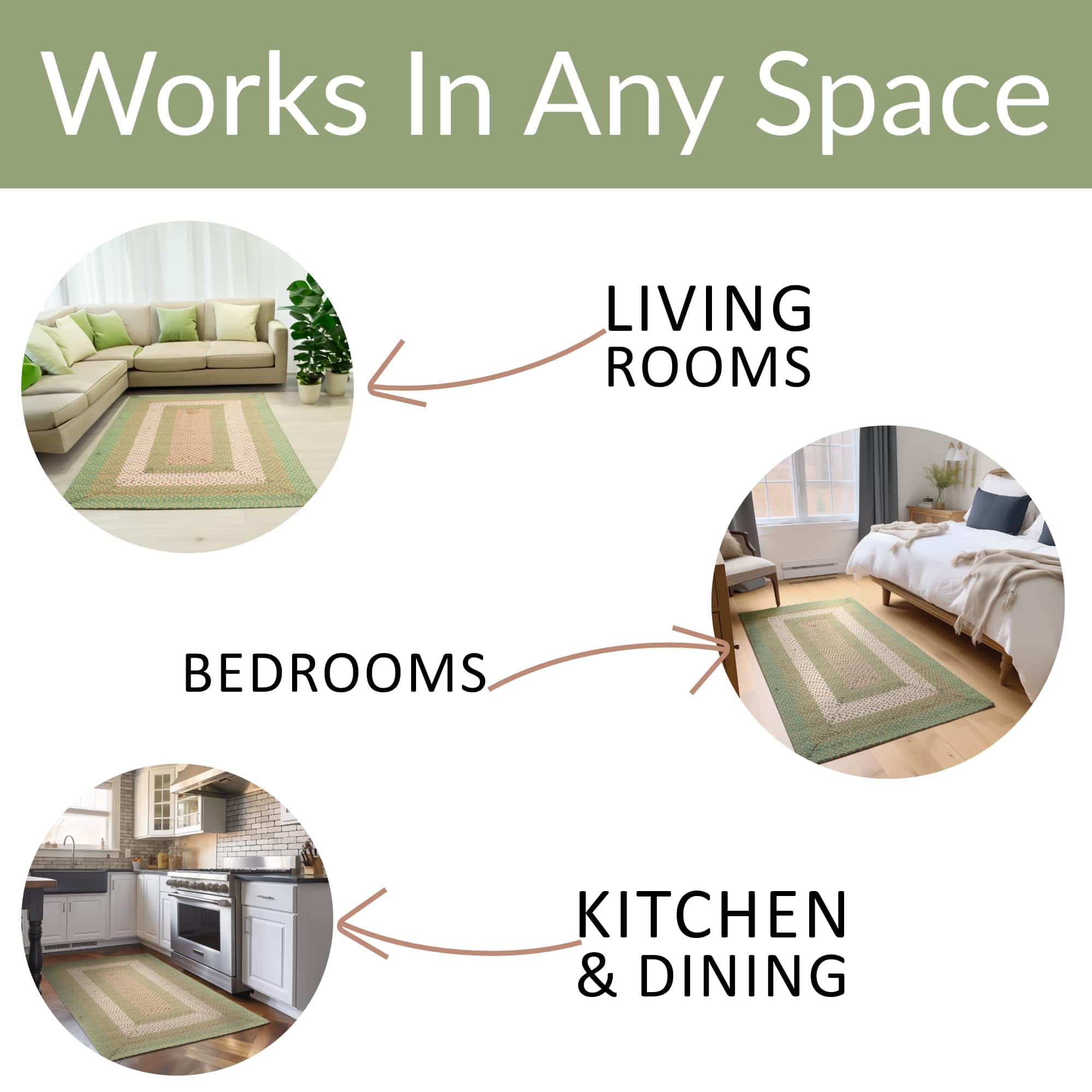 Green, Cream Braided Rug - Soft Cotton Bordered Area Rug for Rustic Farmhouses