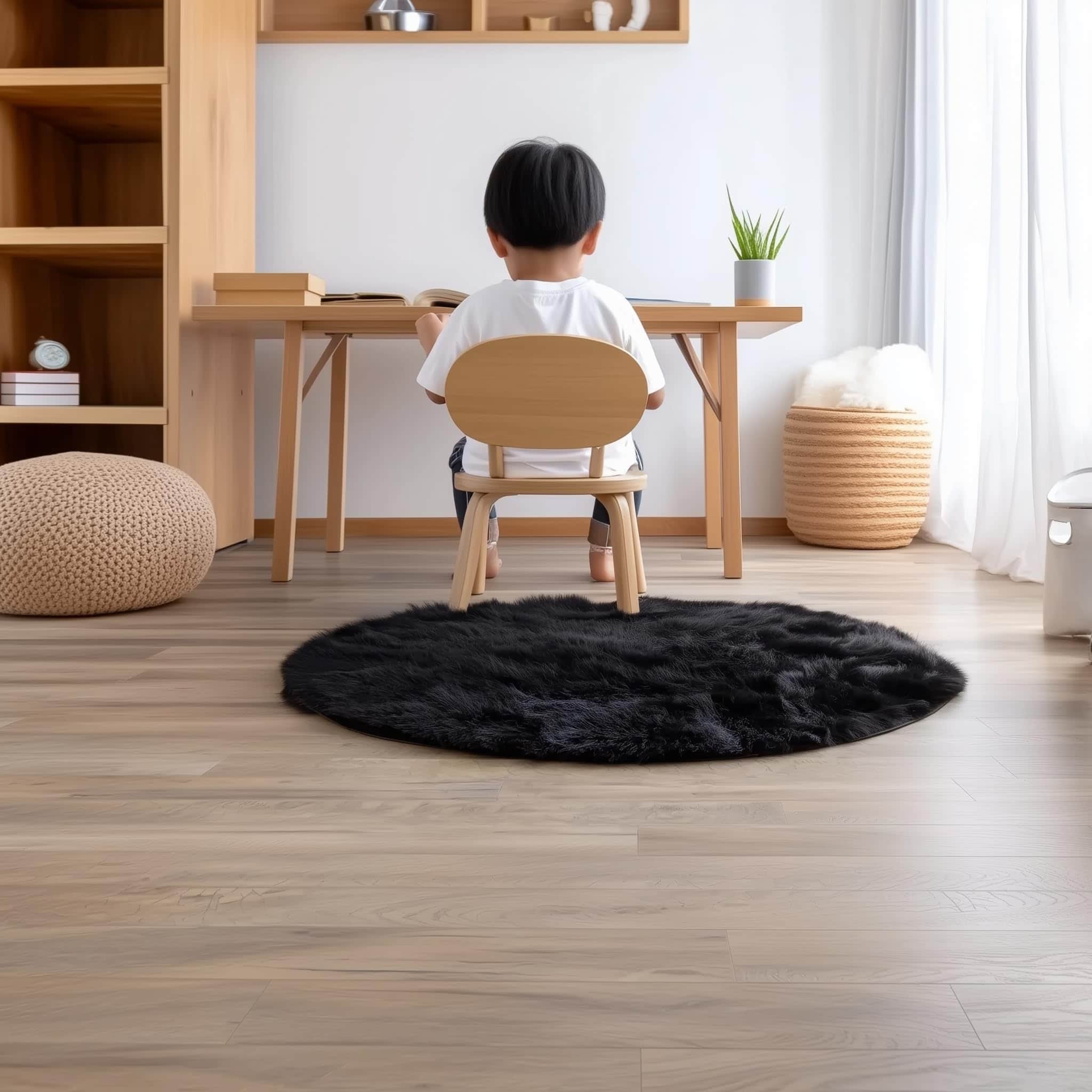 Black Serene Faux Fur Solid Fake Sheepskin Rug