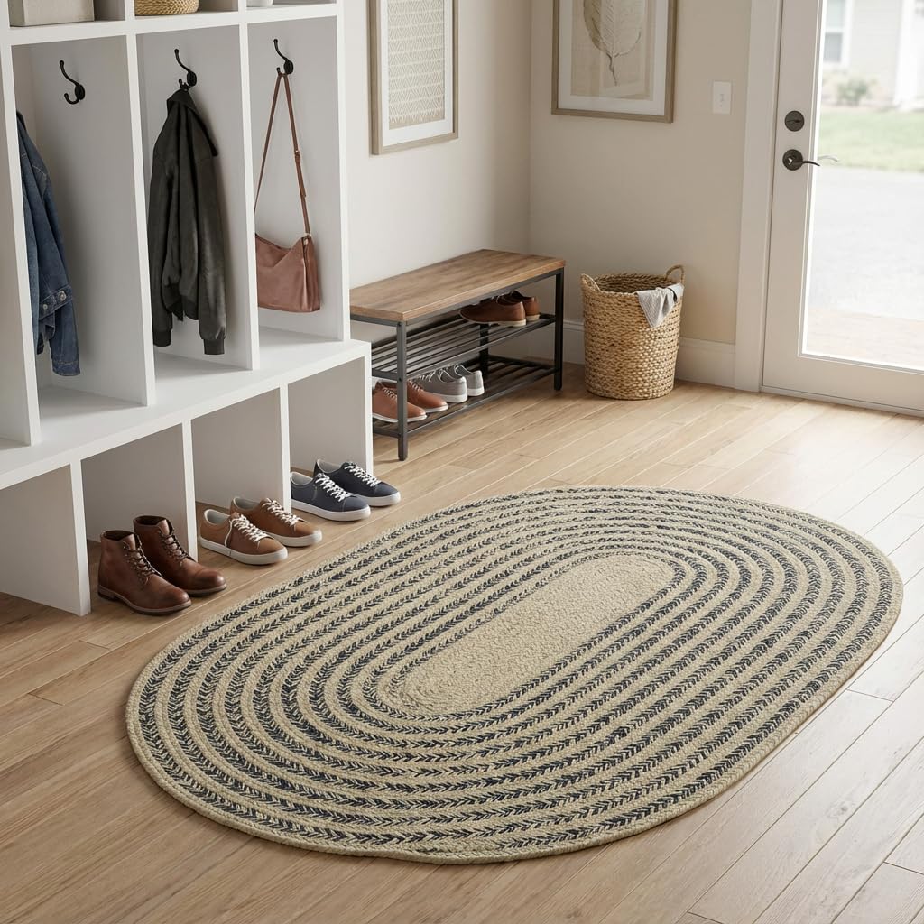 Raleigh Navy Cotton Braided Rug 20" X 30" #shape_Oval