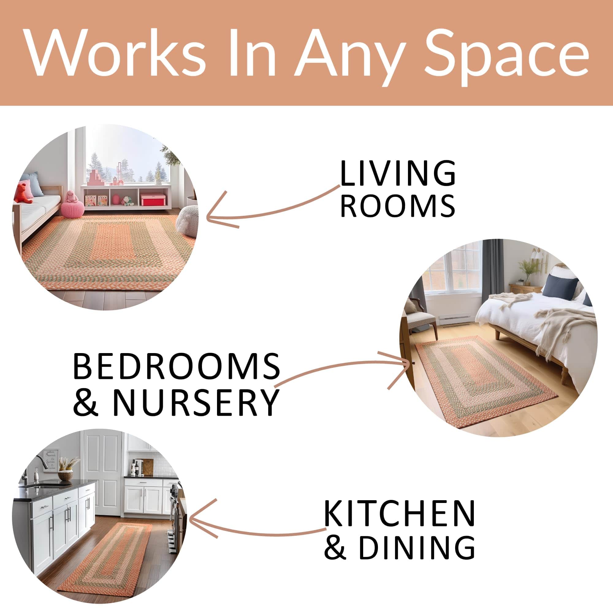 Coral, Green Braided Rug - Soft Cotton Bordered Area Rug for Kids Rooms & Nursery