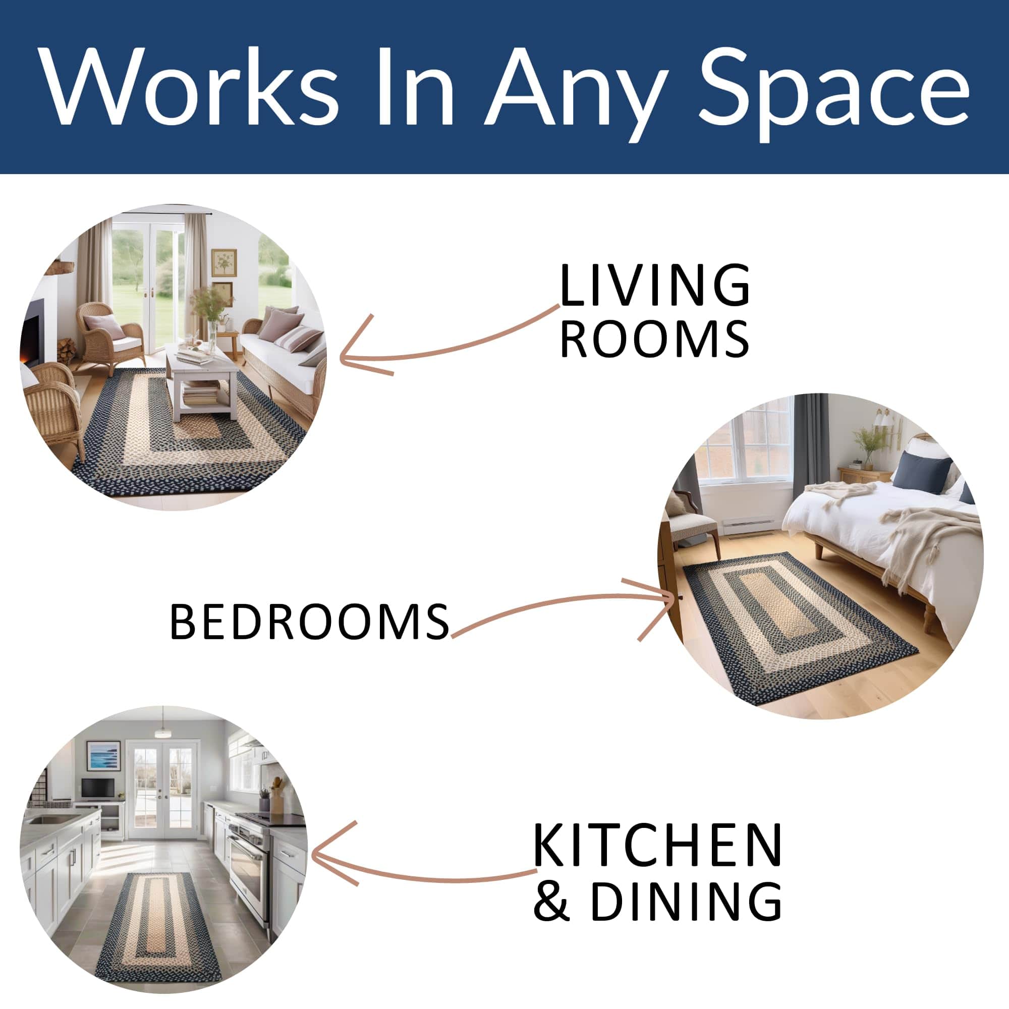 Blue, Cream Braided Rug - Soft Cotton Bordered Area Rug for Rustic Farmhouses