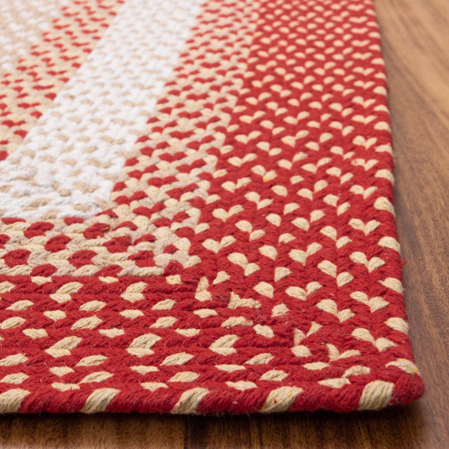 Red, Cream Braided Rug - Soft Cotton Bordered Area Rug for Rustic Farmhouses