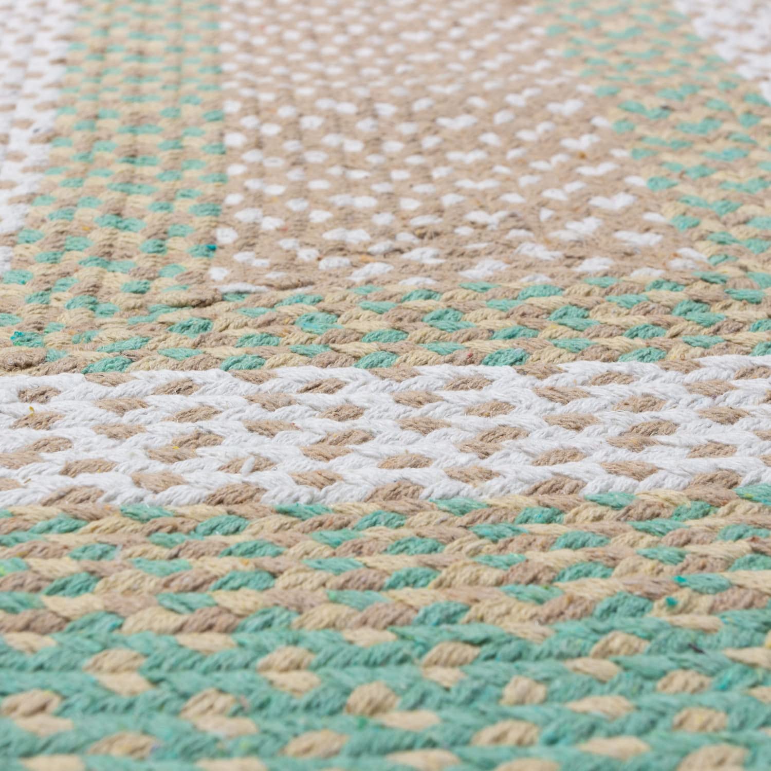 Green, Cream Braided Rug - Soft Cotton Bordered Area Rug for Rustic Farmhouses