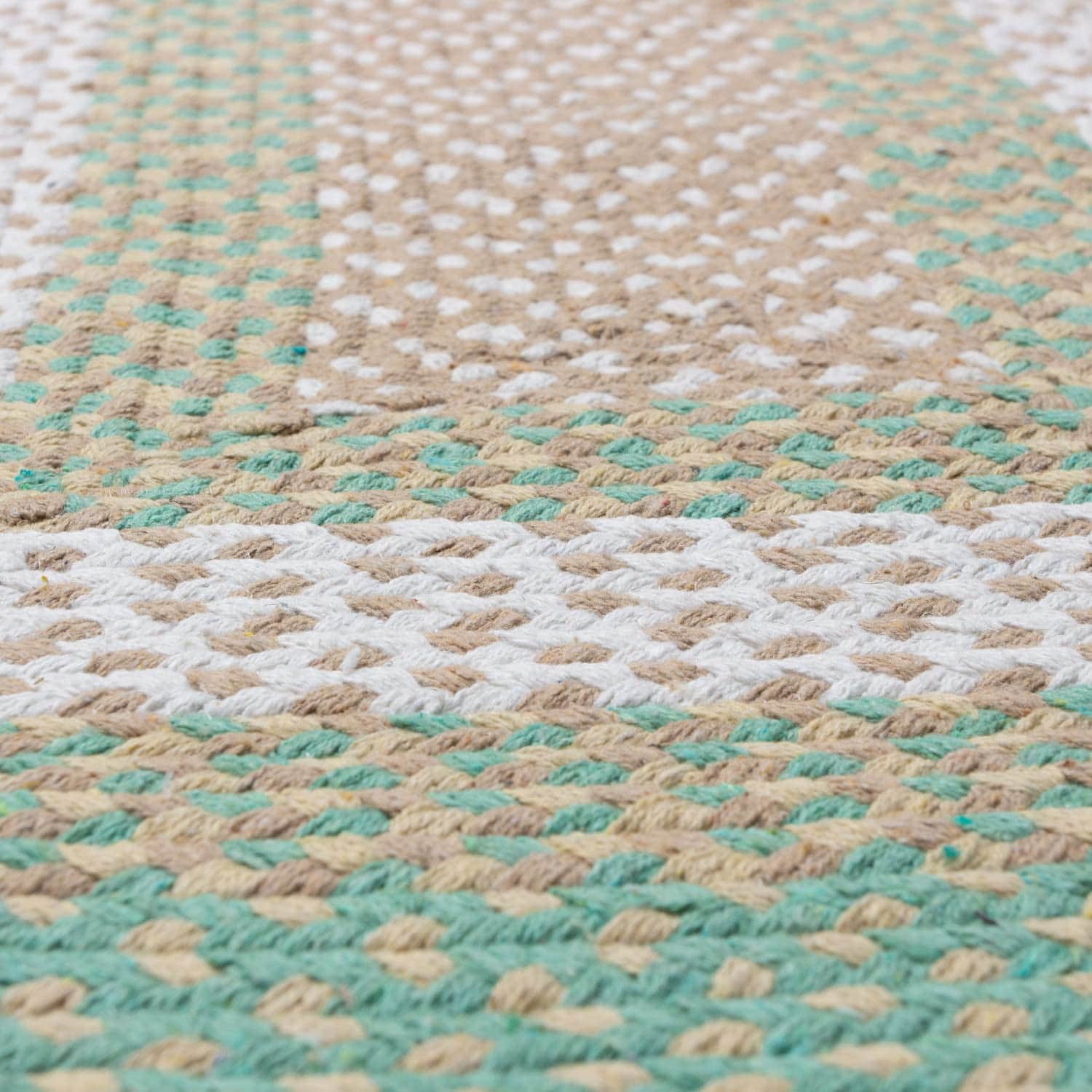 Green, Cream Braided Rug - Soft Cotton Bordered Area Rug for Rustic Farmhouses