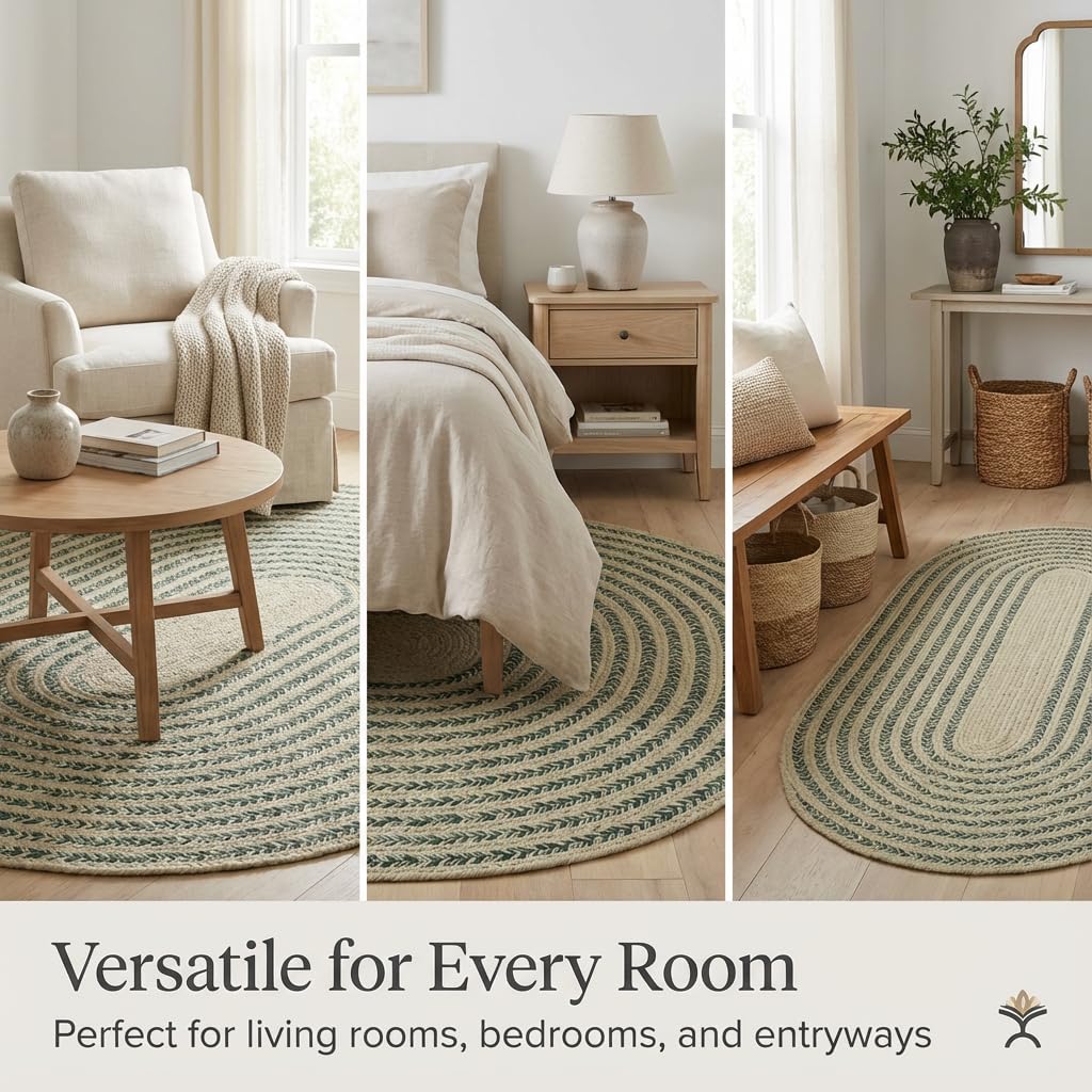 Raleigh Green Cotton Braided Rug 20" X 30" #shape_Oval