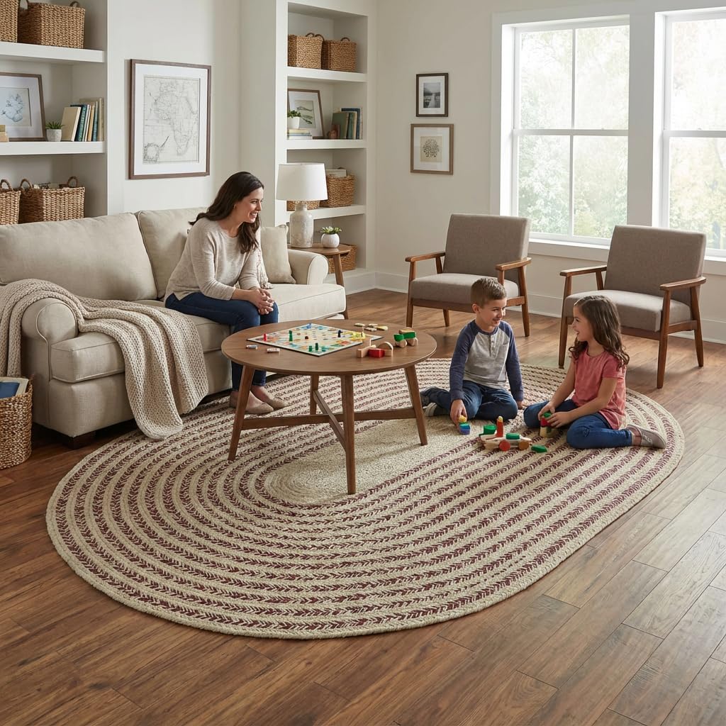 Raleigh Burgundy Cotton Braided Rug 6' x 9' #shape_Oval