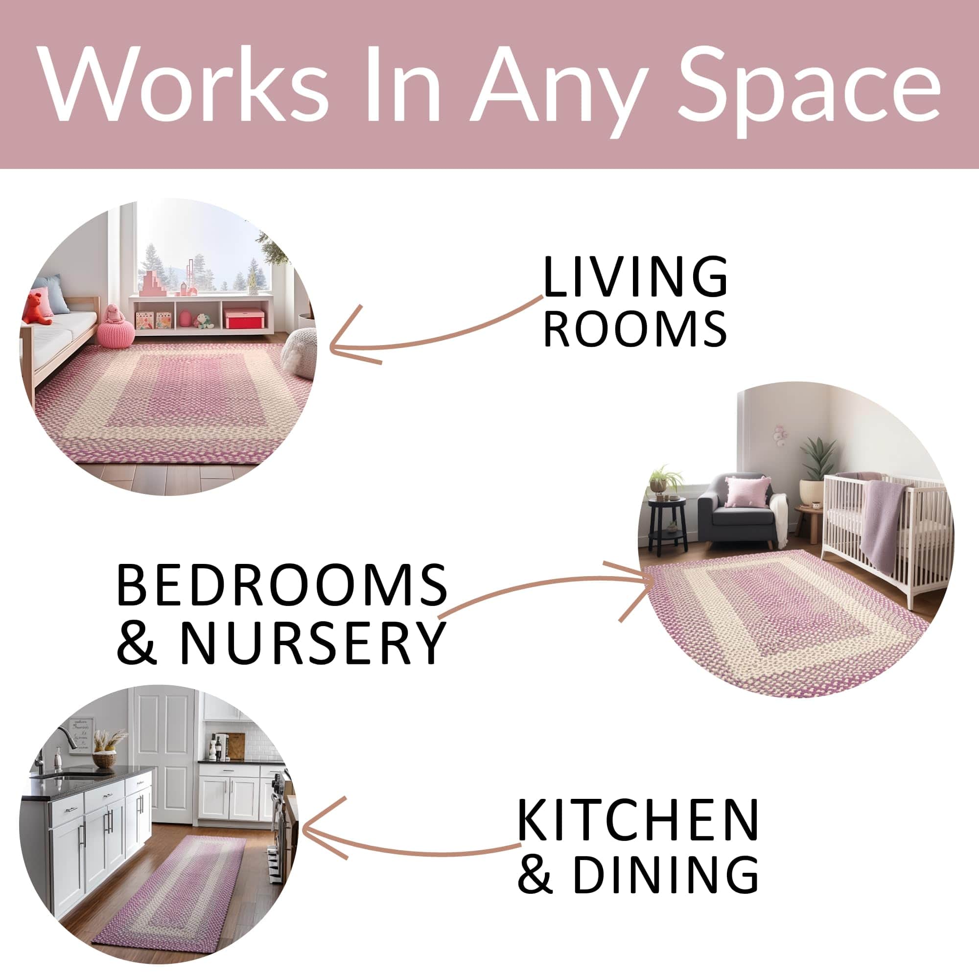 Purple, Gray Braided Rug - Soft Cotton Bordered Area Rug for Kids Rooms & Nursery