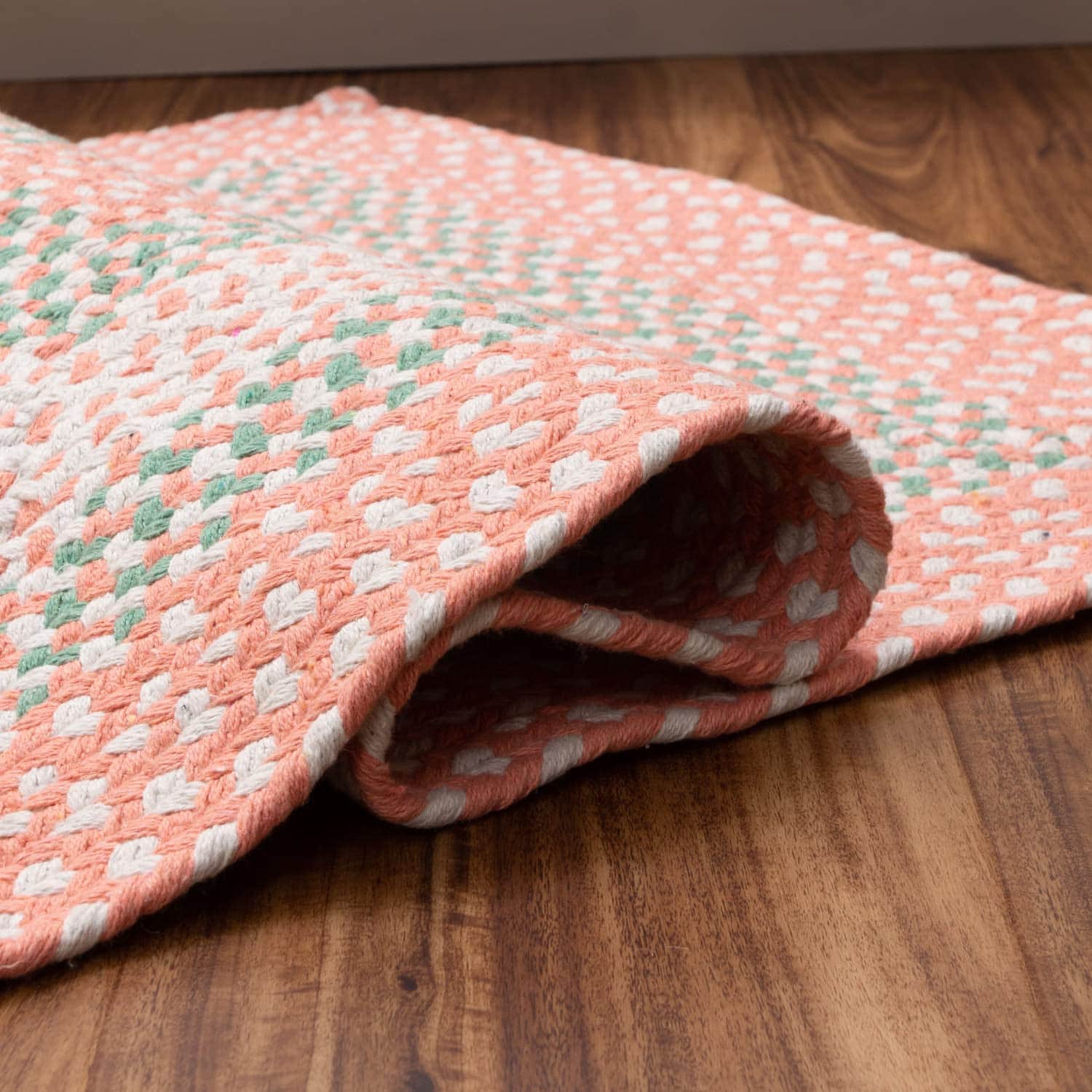 Coral, Green Braided Rug - Soft Cotton Bordered Area Rug for Kids Rooms & Nursery