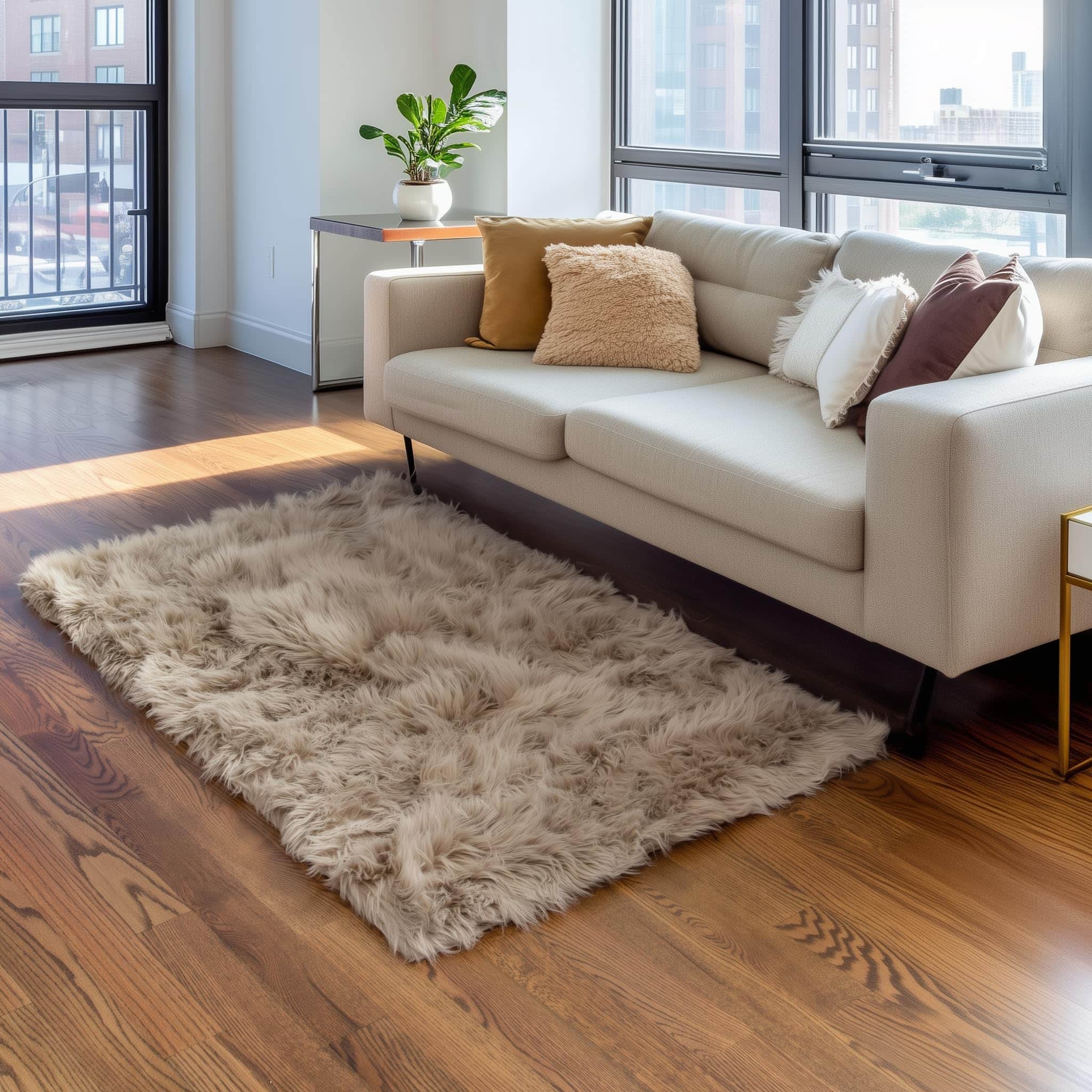 Light Brown Serene Faux Fur Solid Fake Sheepskin Rug