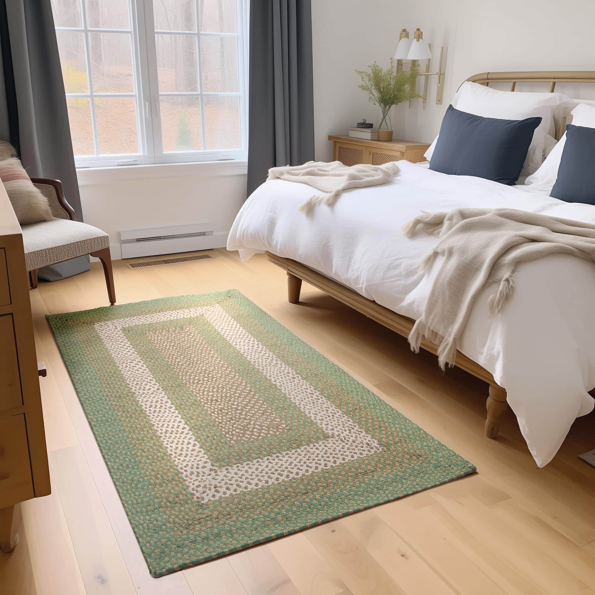 Green, Cream Braided Rug - Soft Cotton Bordered Area Rug for Rustic Farmhouses