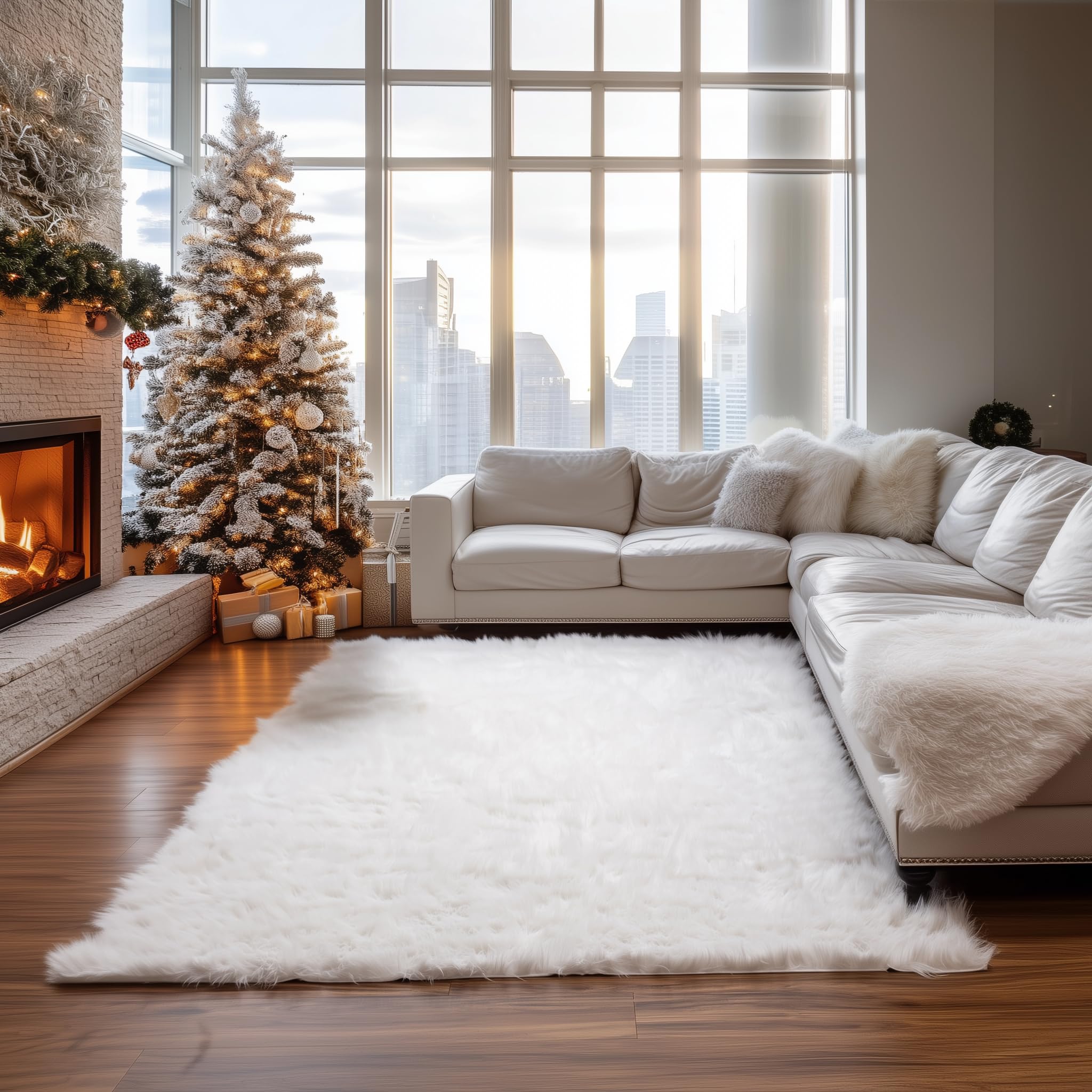 Ivory Serene Faux Fur Solid Fake Sheepskin Rug