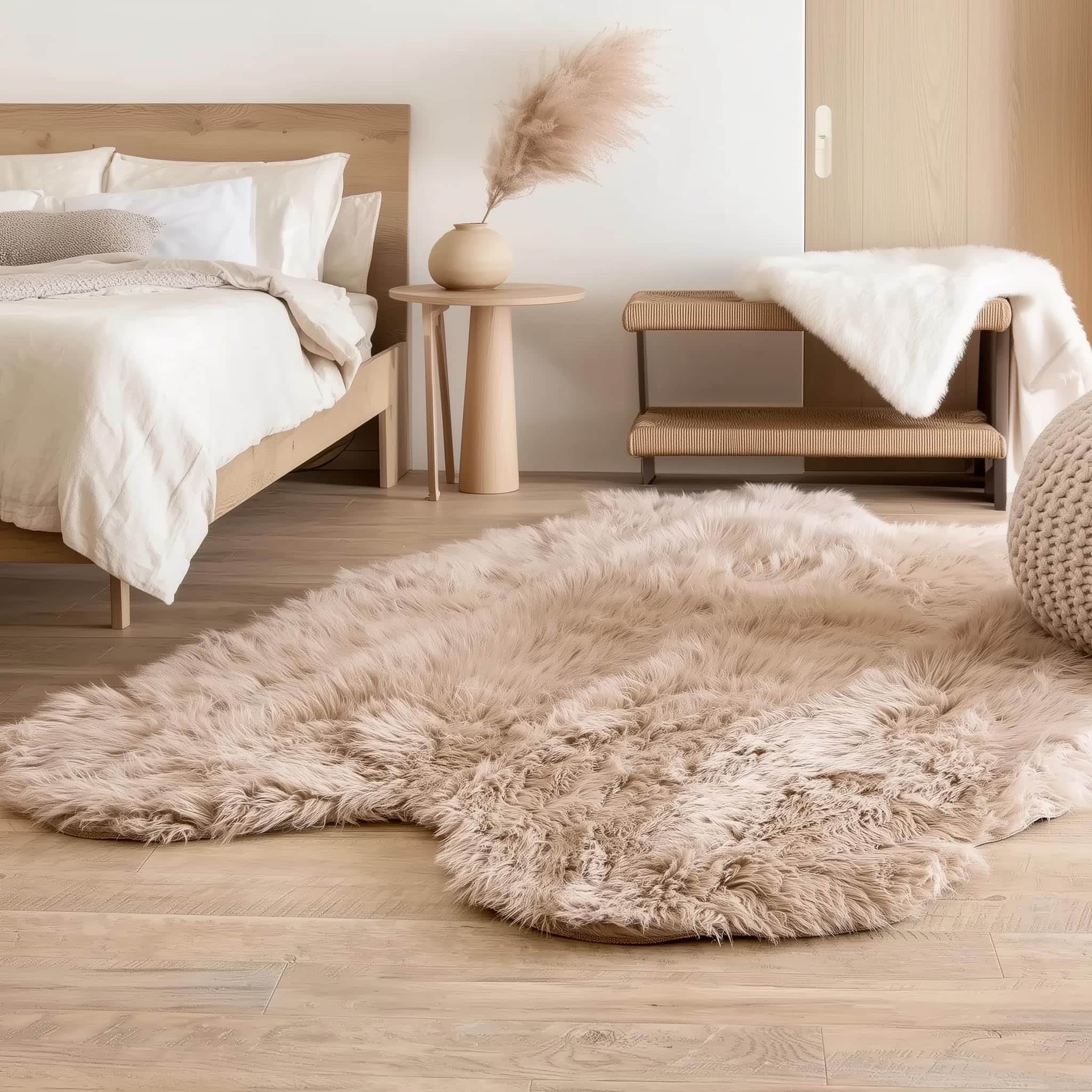 Light Brown Serene Faux Fur Solid Fake Sheepskin Rug