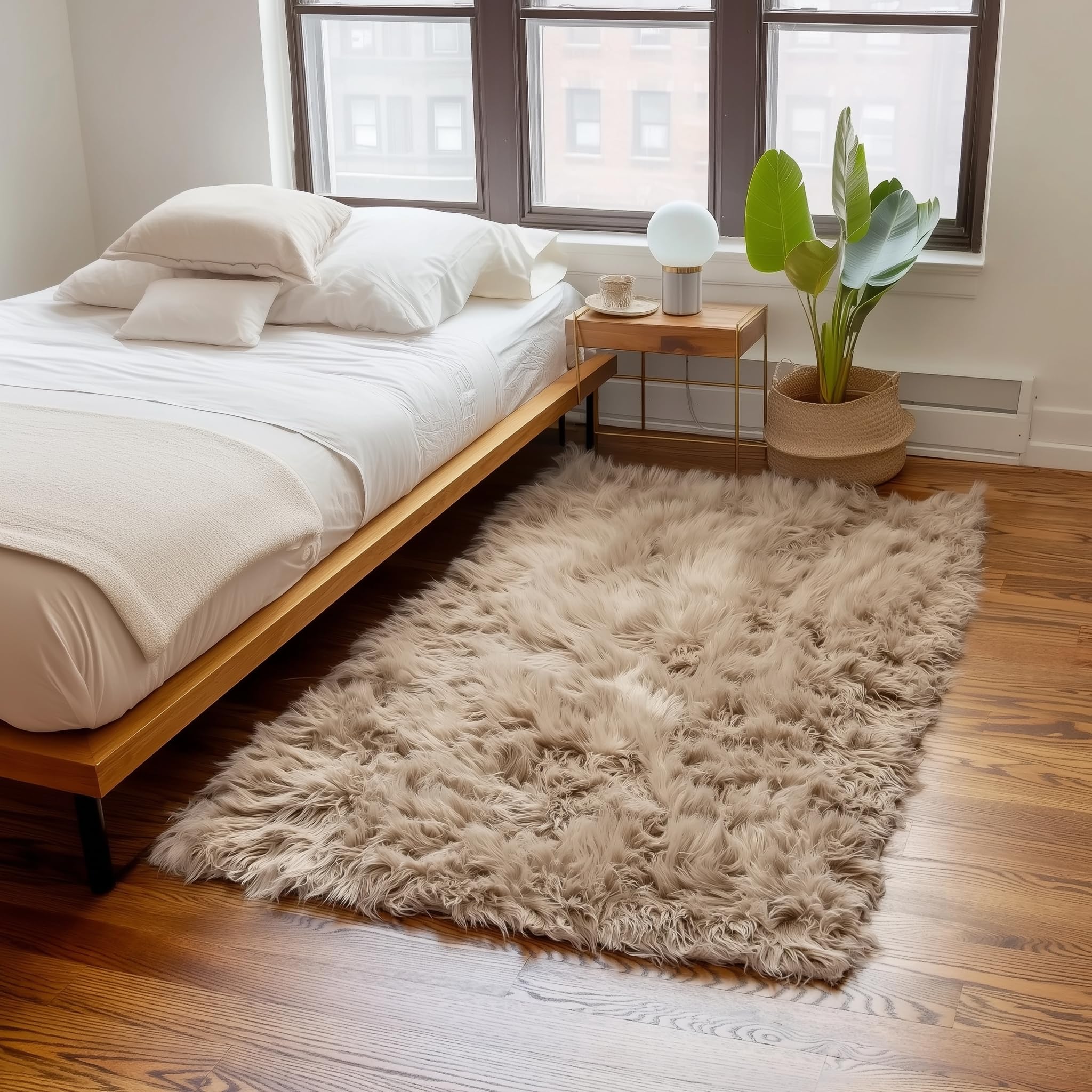 Light Brown Serene Faux Fur Solid Fake Sheepskin Rug