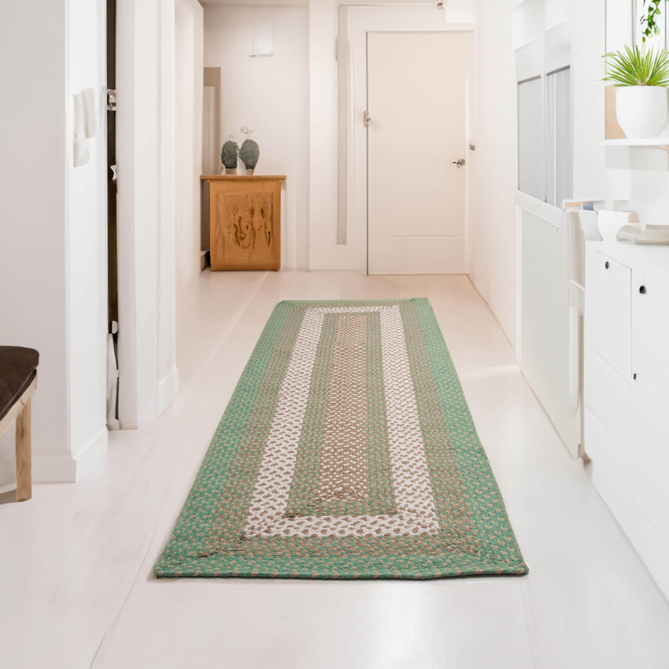 Green, Cream Braided Rug - Soft Cotton Bordered Area Rug for Rustic Farmhouses