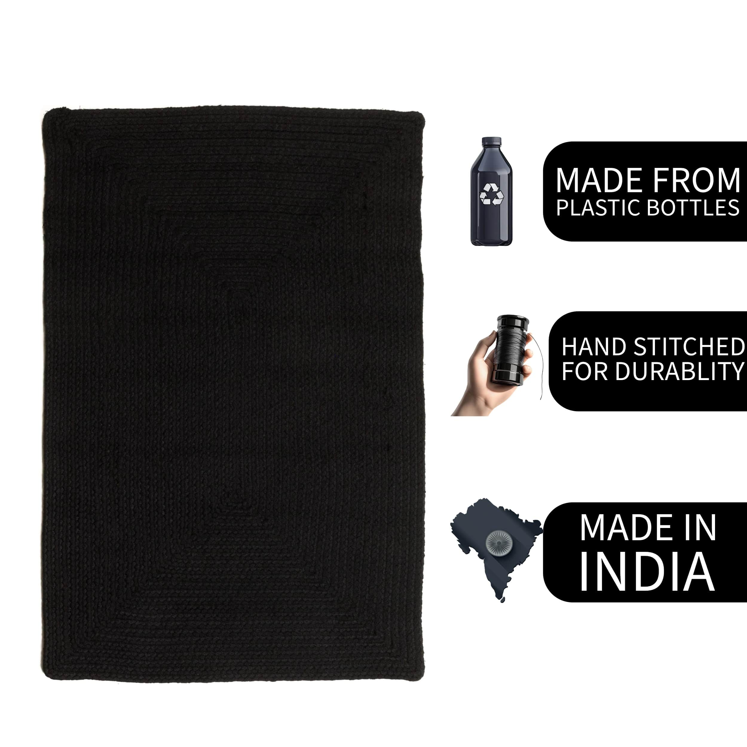 Black Reversible Indoor Outdoor Solid Braided Rug