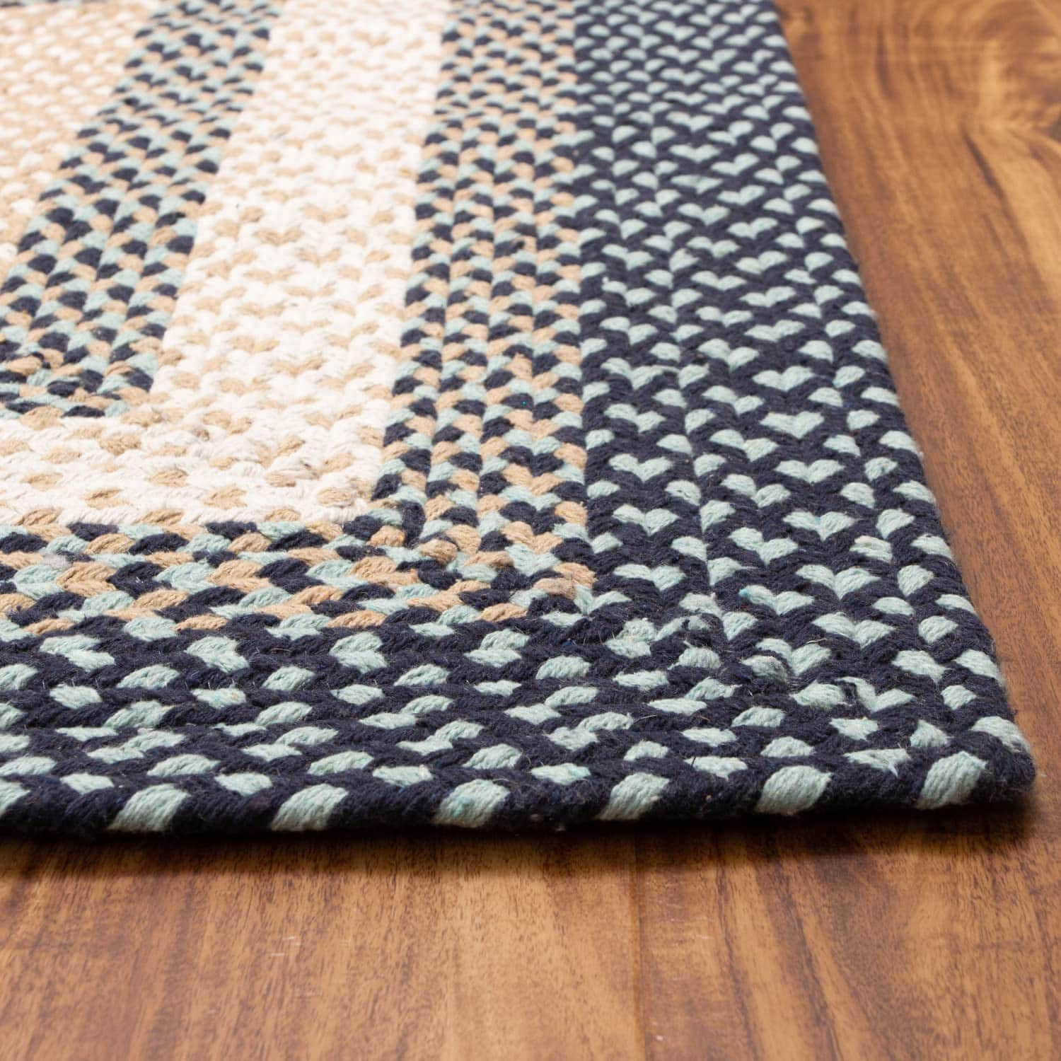 Blue, Cream Braided Rug - Soft Cotton Bordered Area Rug for Rustic Farmhouses
