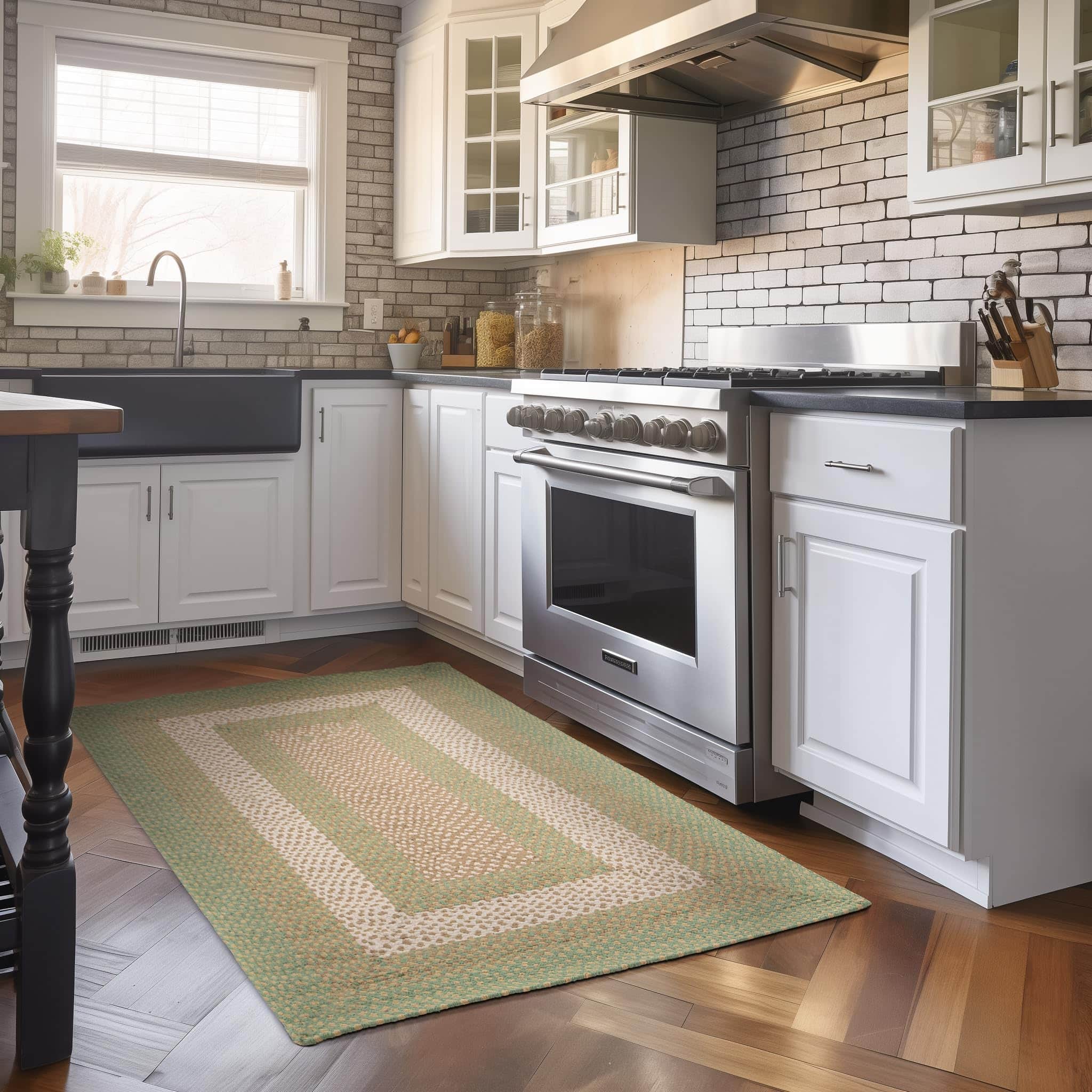 Green, Cream Braided Rug - Soft Cotton Bordered Area Rug for Rustic Farmhouses