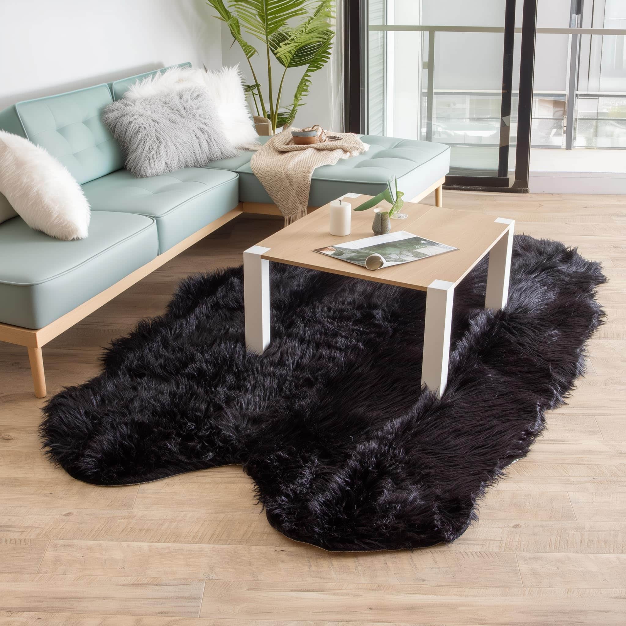 Black Serene Faux Fur Solid Fake Sheepskin Rug