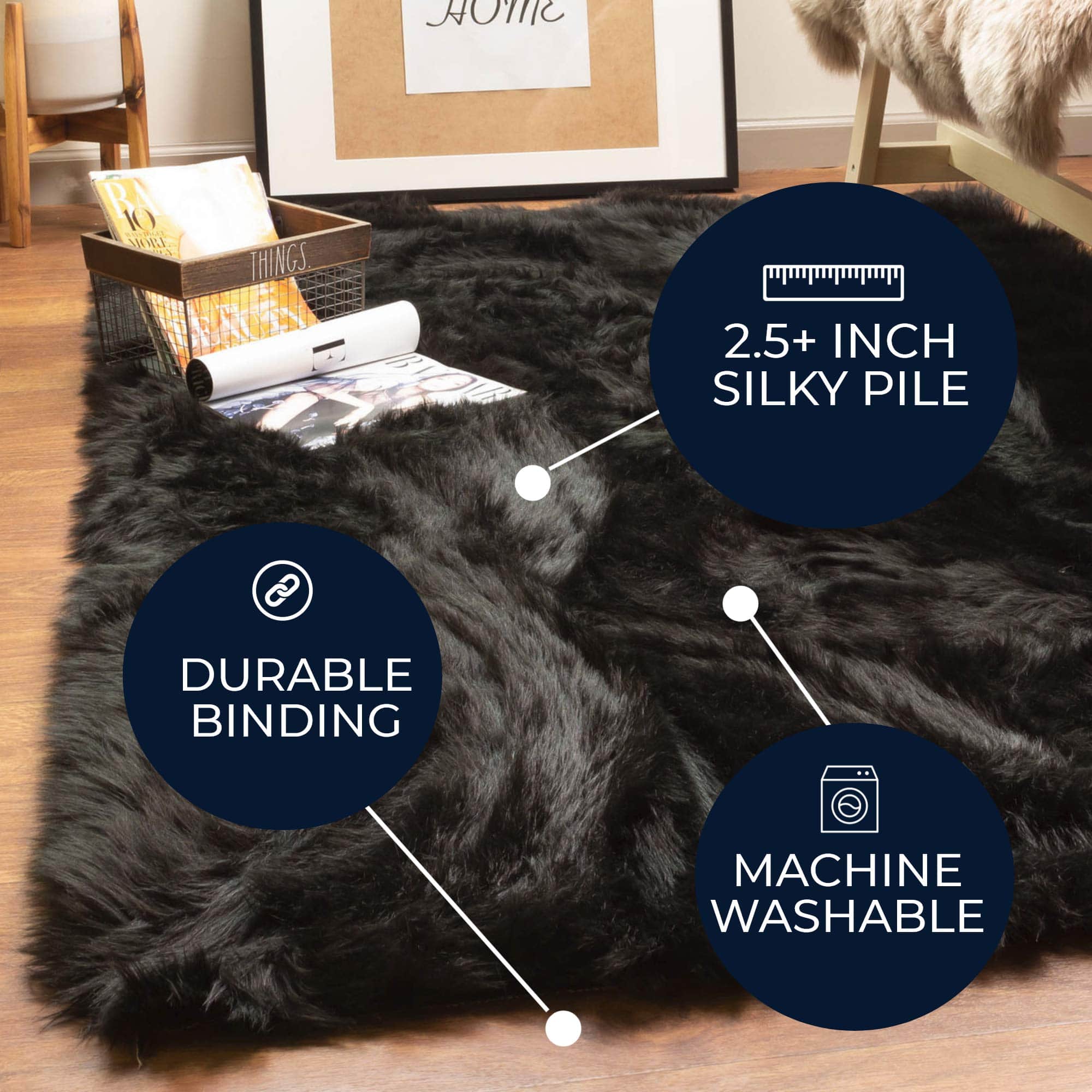 Black Serene Faux Fur Solid Fake Sheepskin Rug