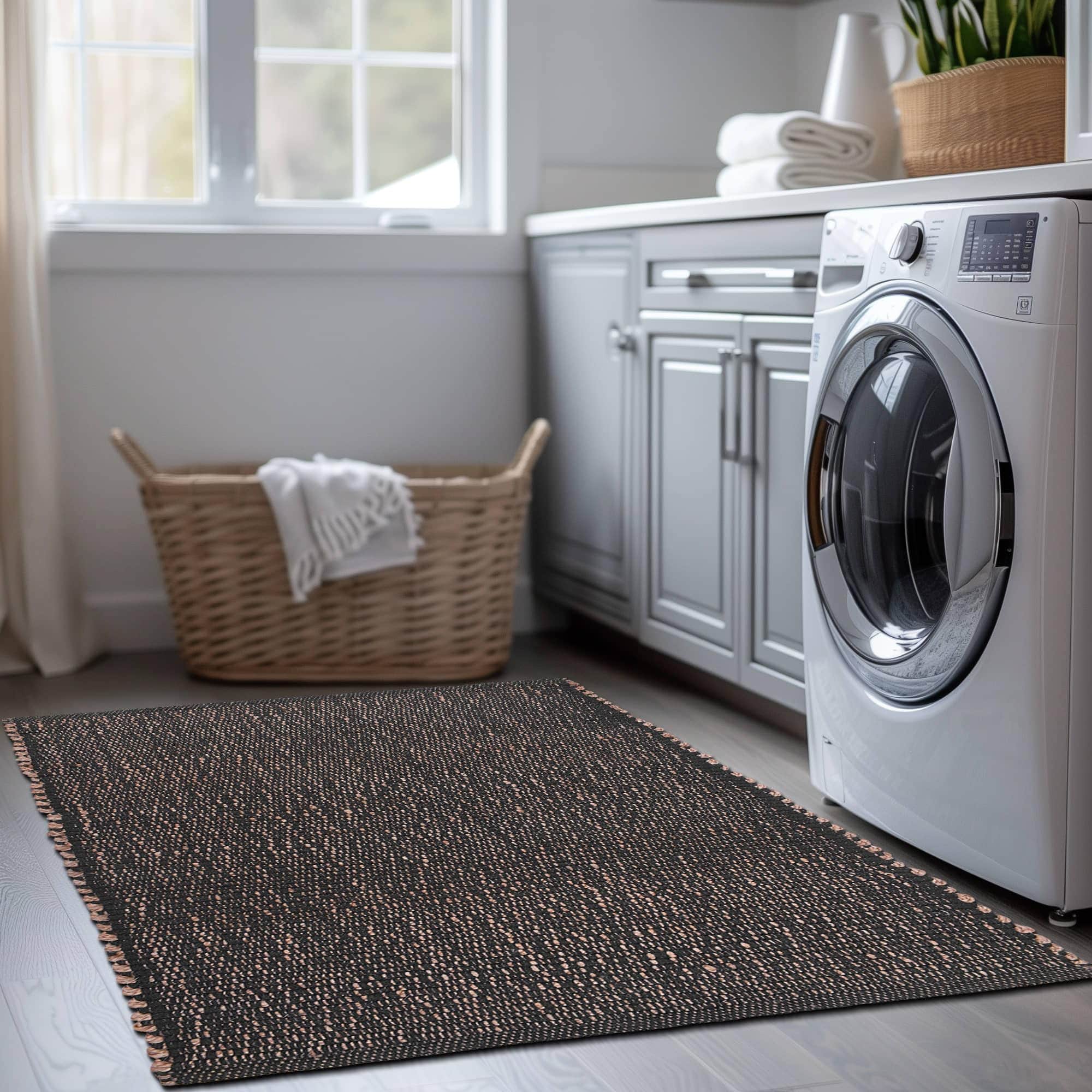 Charcoal Gray Jute & Cotton Woven Rug - Simple Farmhouse Reversible Rug