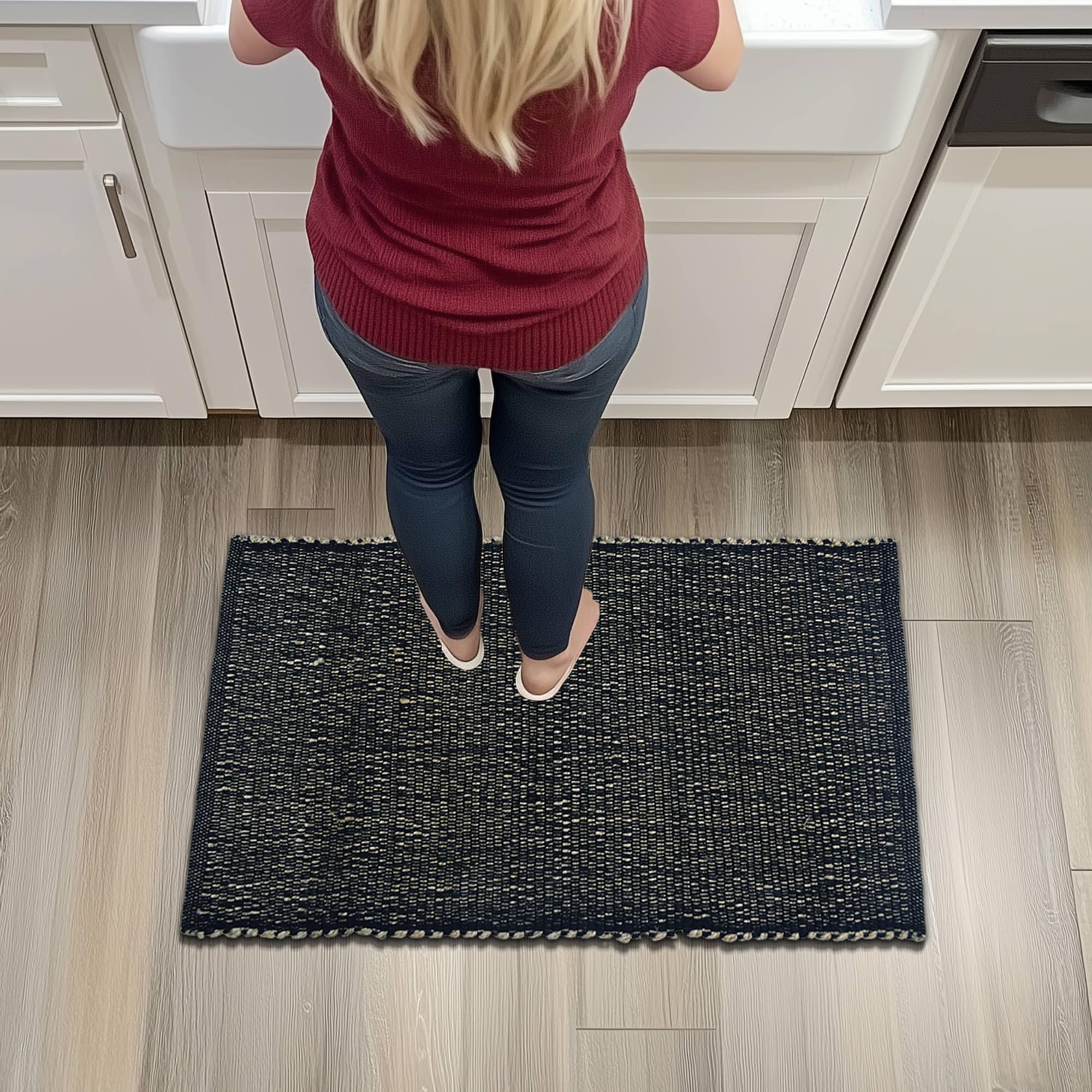 Black Jute & Cotton Woven Rug - Simple Farmhouse Reversible Rug