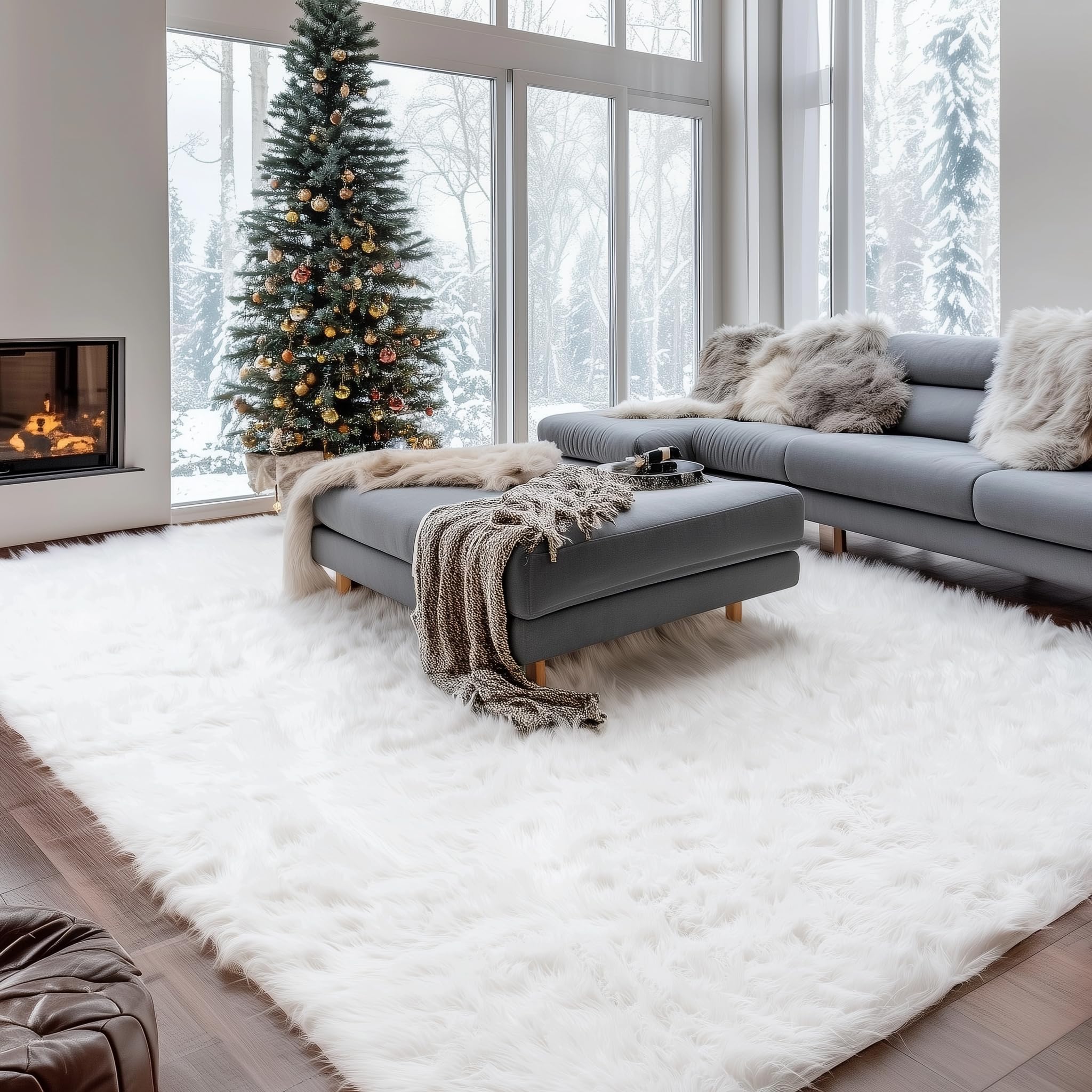 Ivory Serene Faux Fur Solid Fake Sheepskin Rug