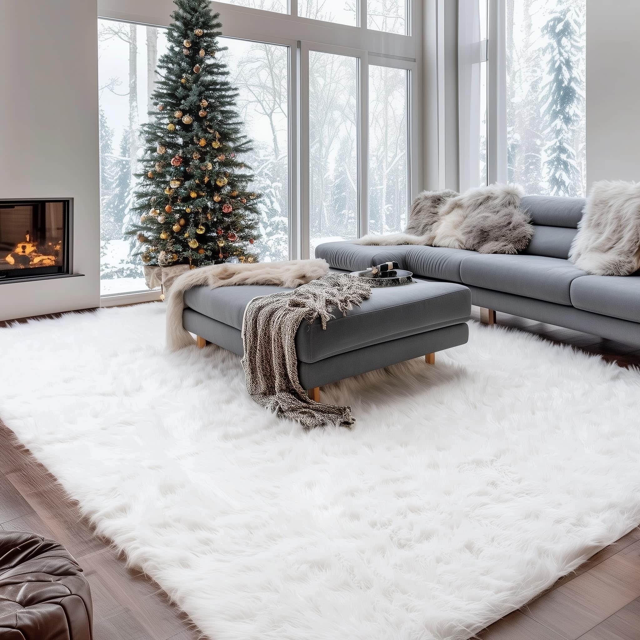 Ivory Serene Faux Fur Solid Fake Sheepskin Rug
