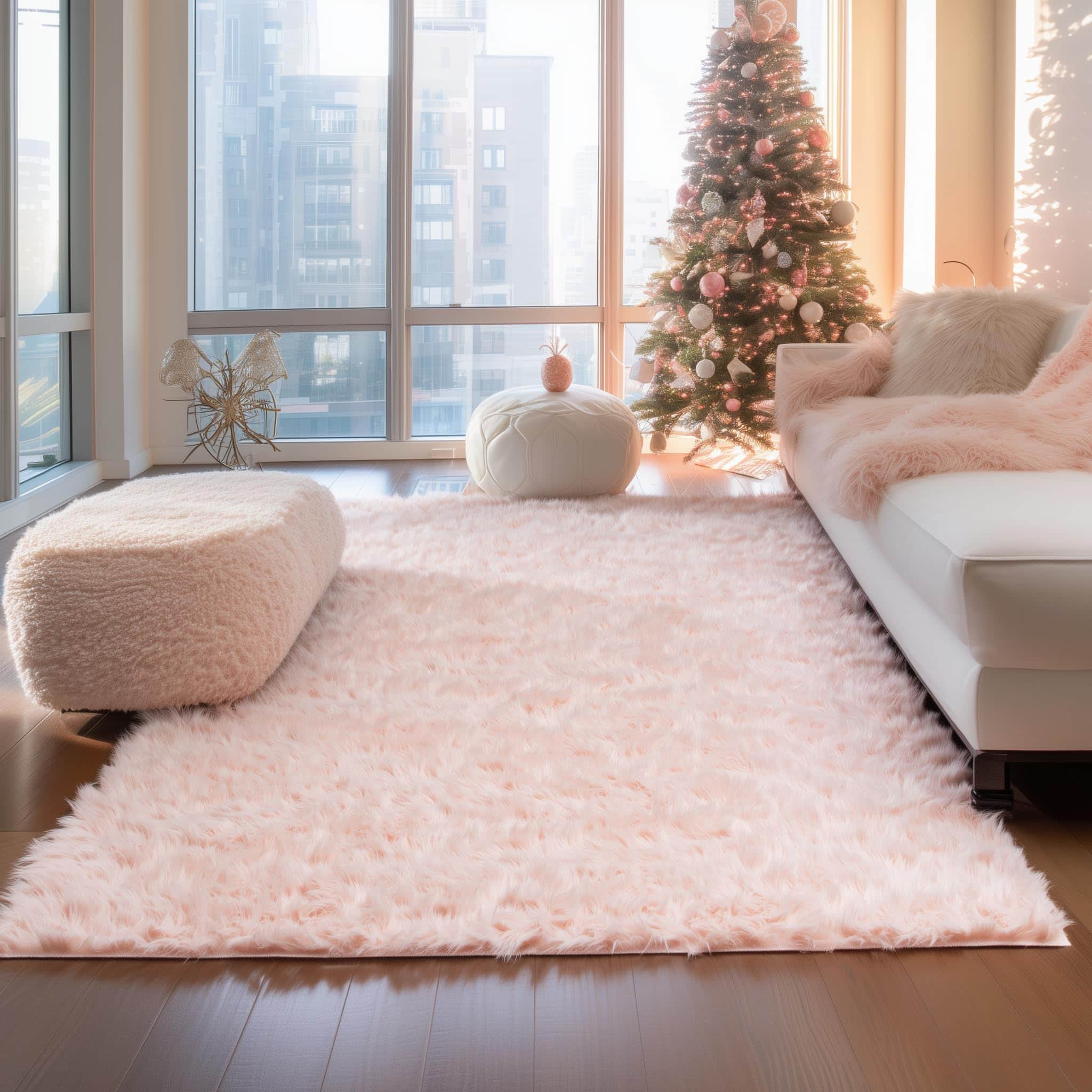 Light Pink Serene Faux Fur Solid Fake Sheepskin Rug