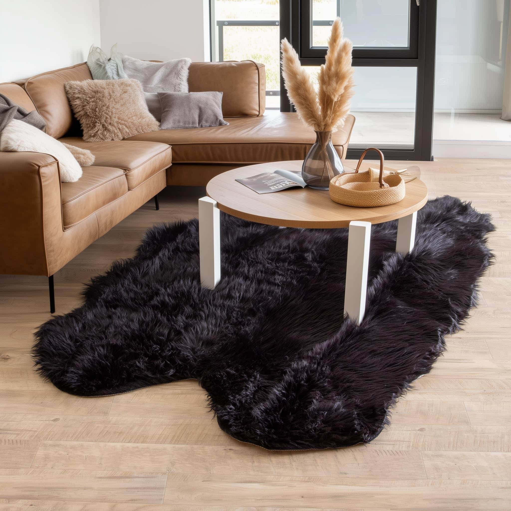 Black Serene Faux Fur Solid Fake Sheepskin Rug