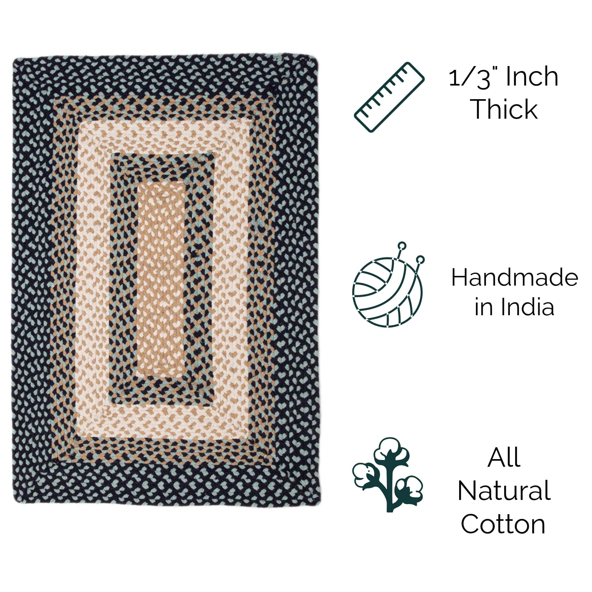 Blue, Cream Braided Rug - Soft Cotton Bordered Area Rug for Rustic Farmhouses