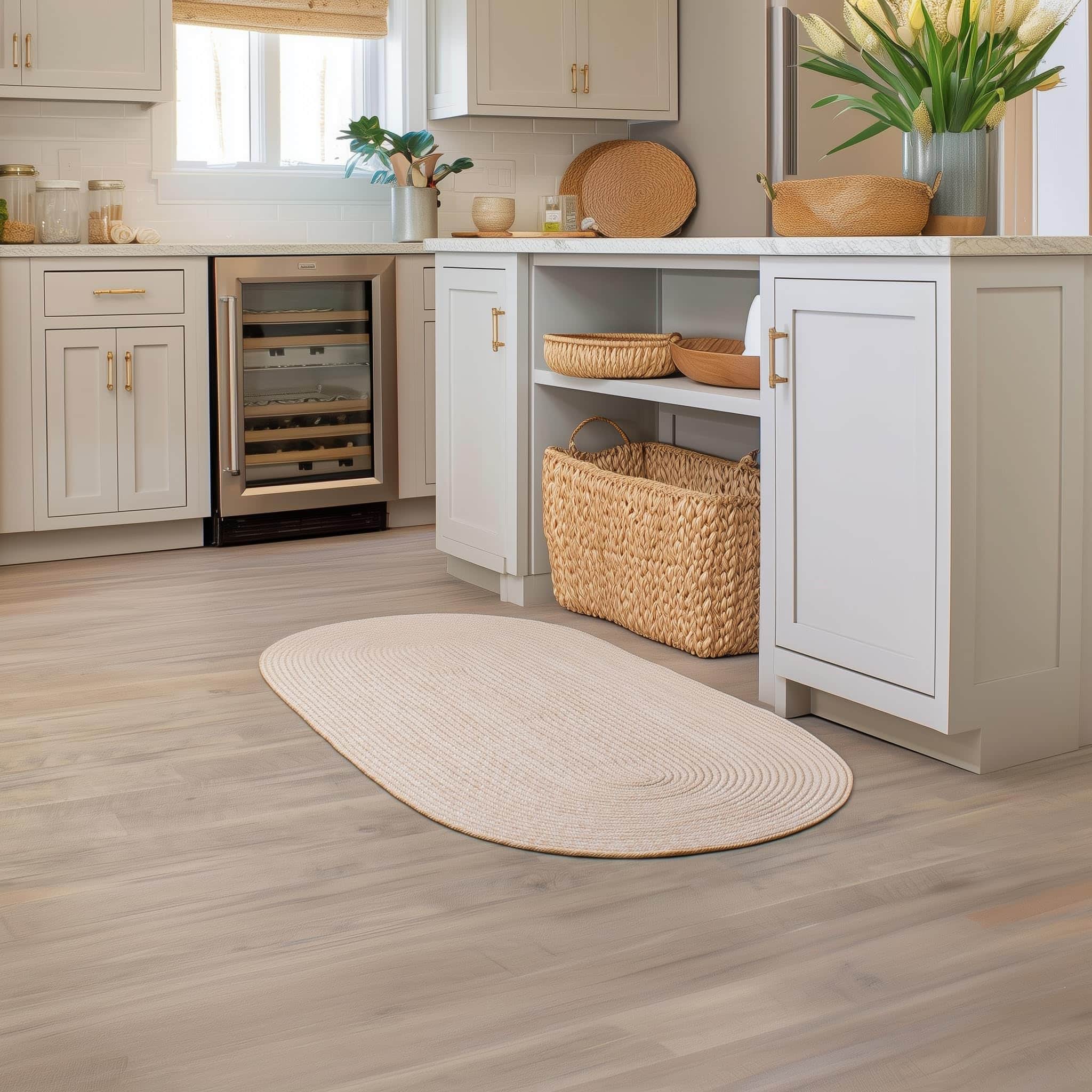 Beige, Brown Braided Rug - Reversible Solid Constrution - Indoor Outdoor & Kitchen Ready