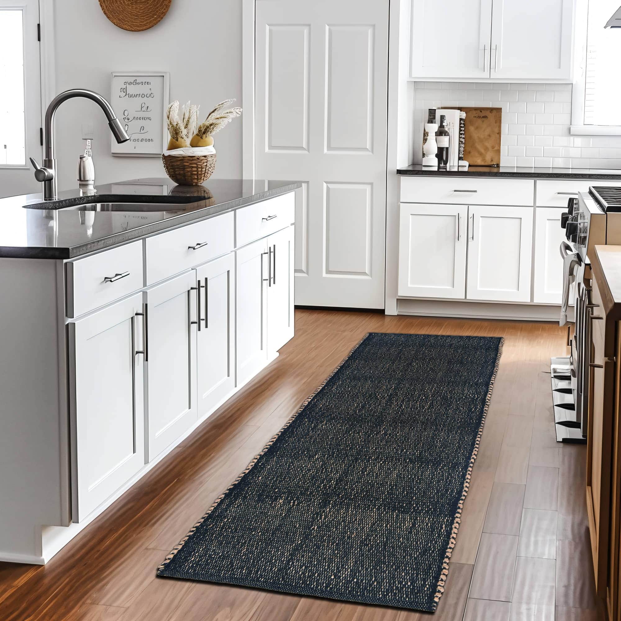 Black Jute & Cotton Woven Rug - Simple Farmhouse Reversible Rug
